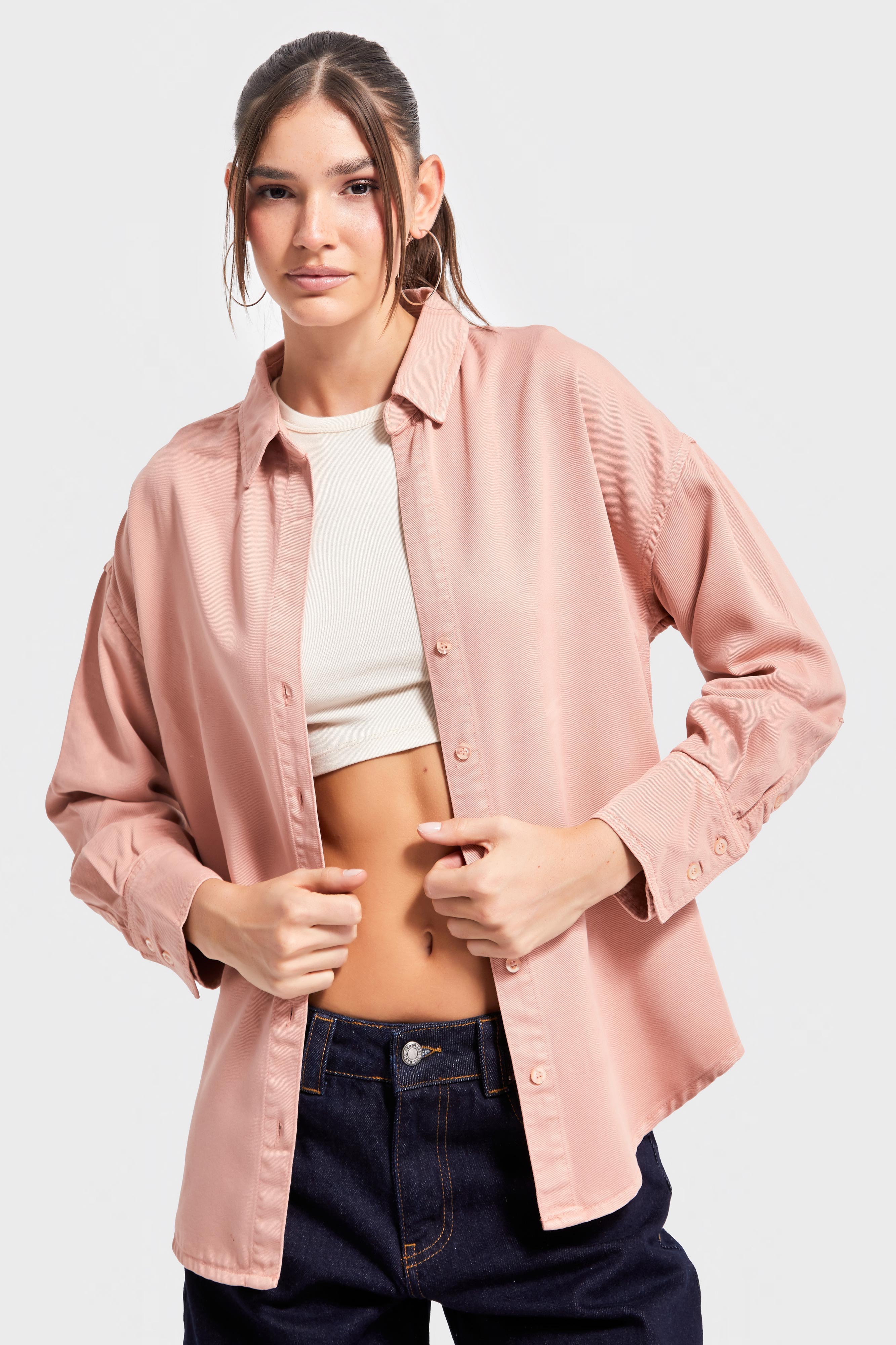 Kadın Pudra Renk 6s5-21 Organik Pamuk Viskon Kumaş Oversize Gömlek