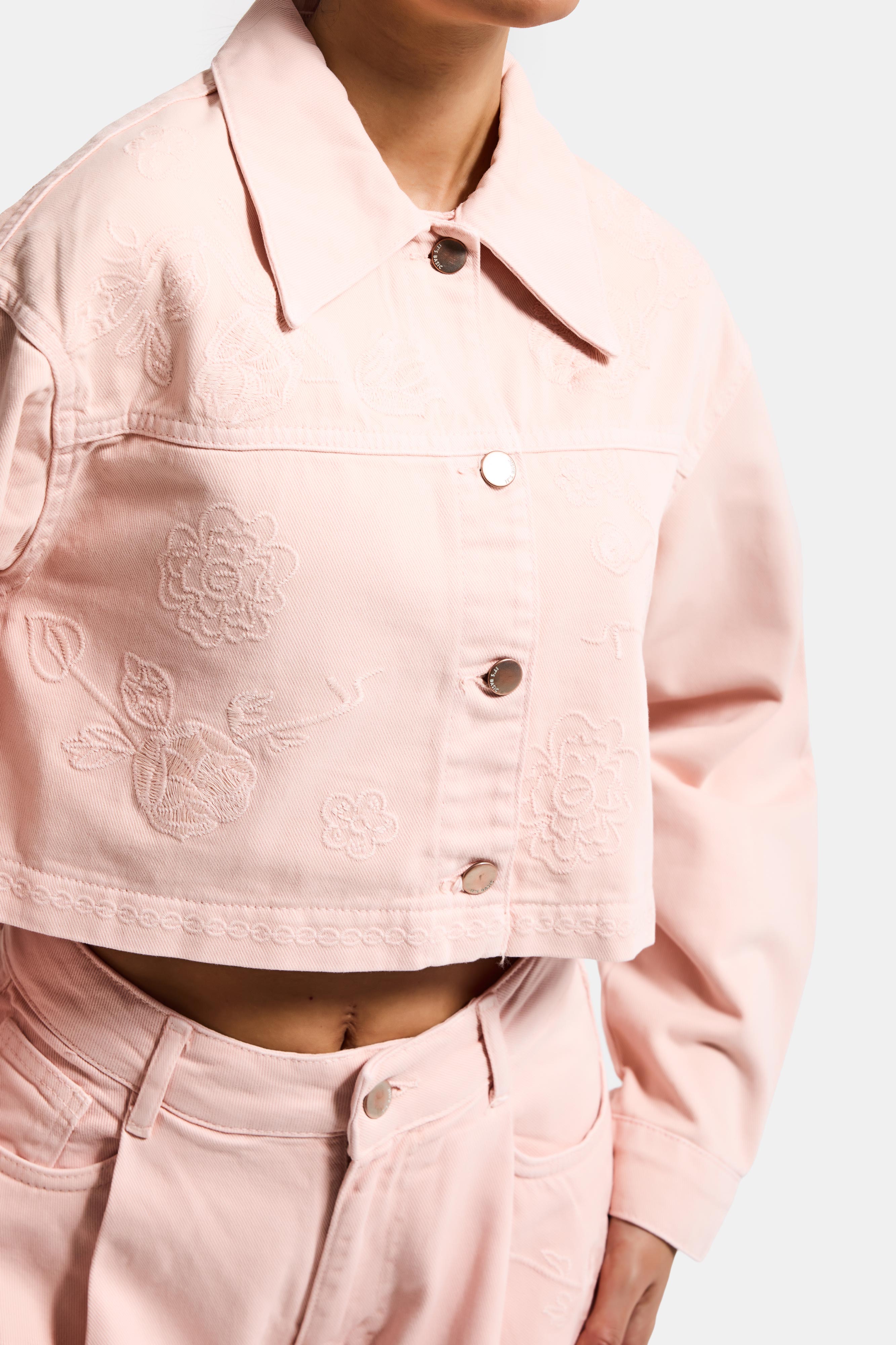 Kadın Pudra Renk 6s6-20 Crop Fit Çiçek Nakış Desenli Özel Tasarım Denim Ceket