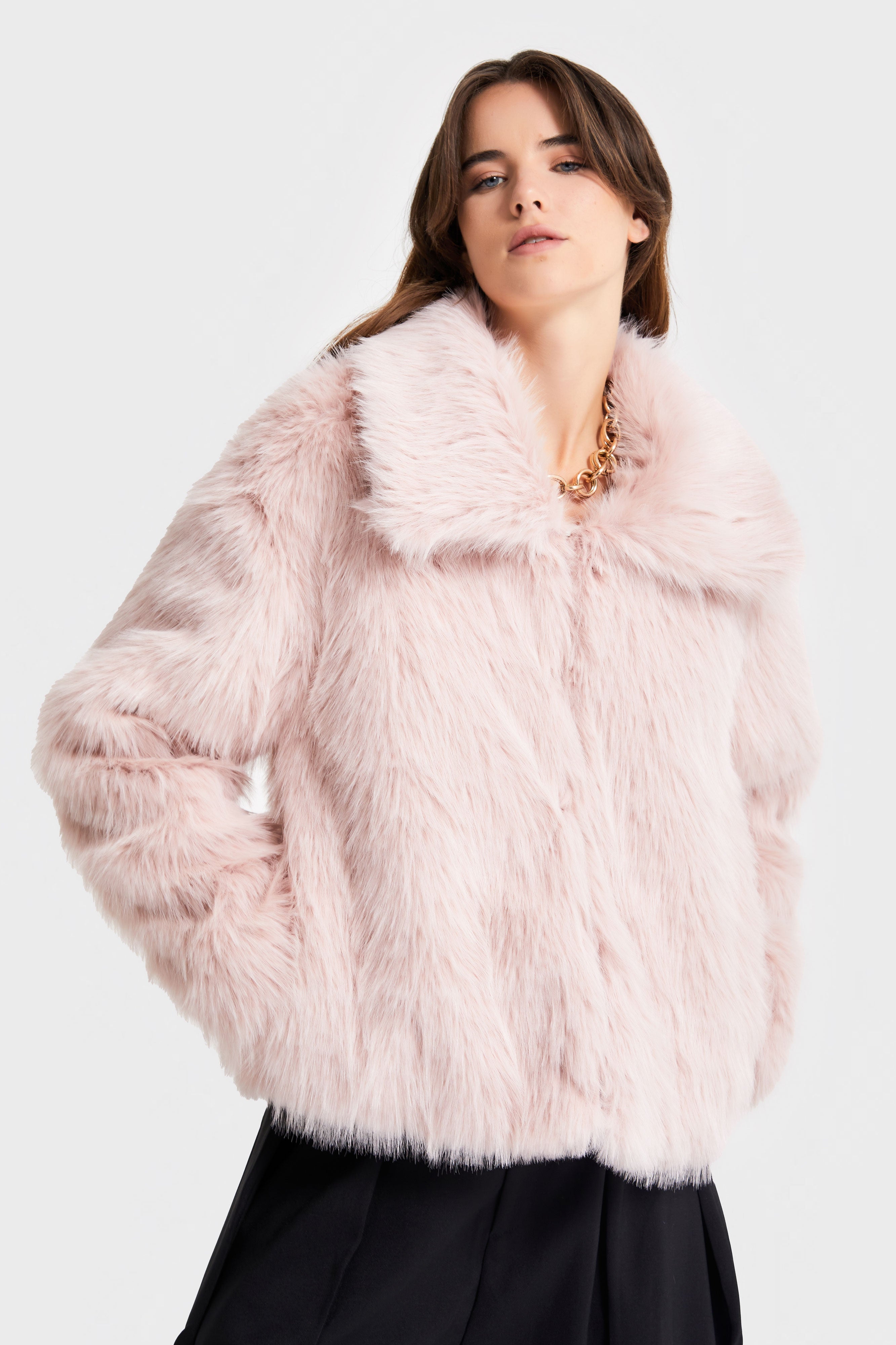 Kadın Pudra Renk w5-98 Yakalı Kürk Mont