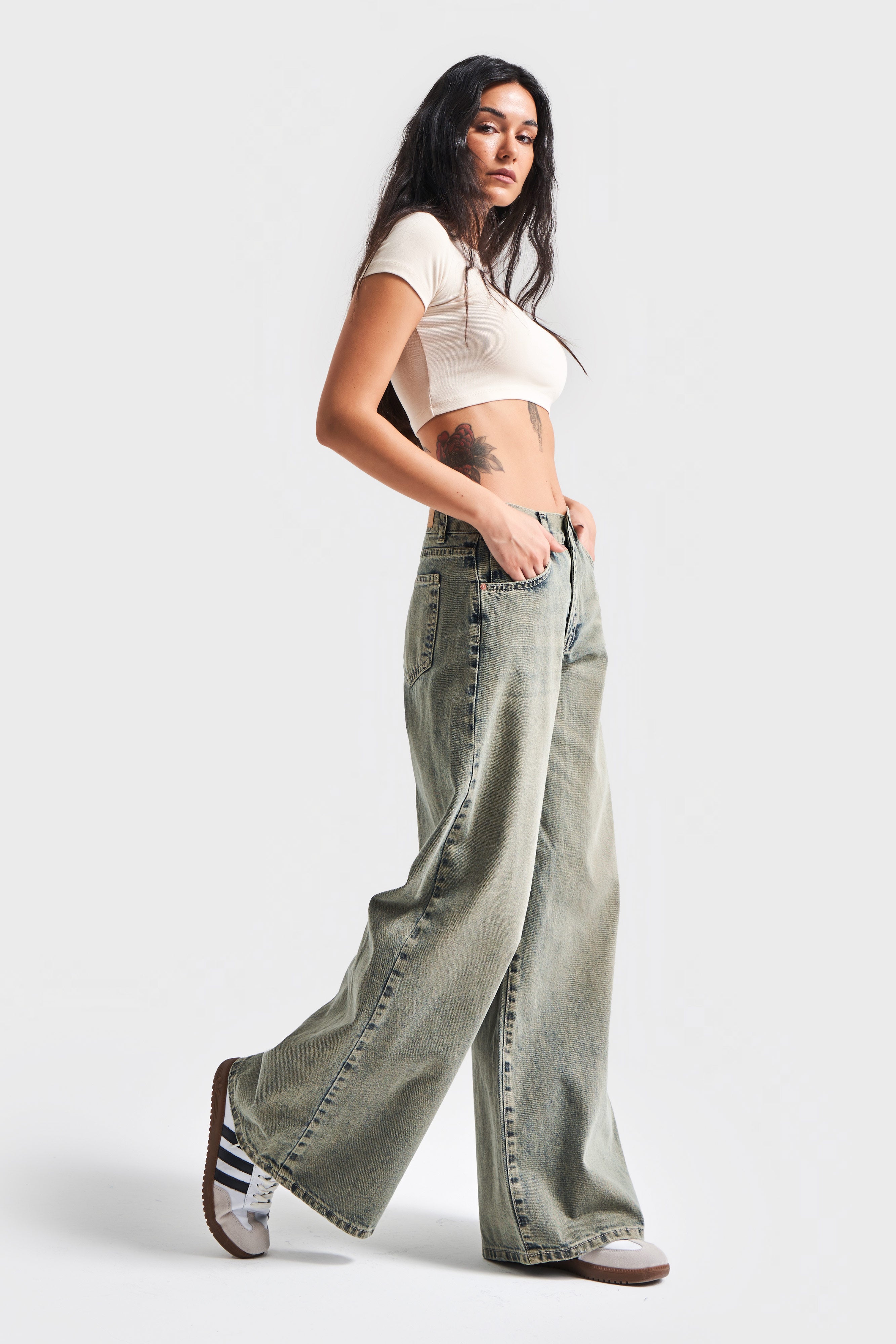 Kadın S.Kot Rengi Hera 5S4 Palazzo Fit %100 Koton Orta Bel Denim Jean