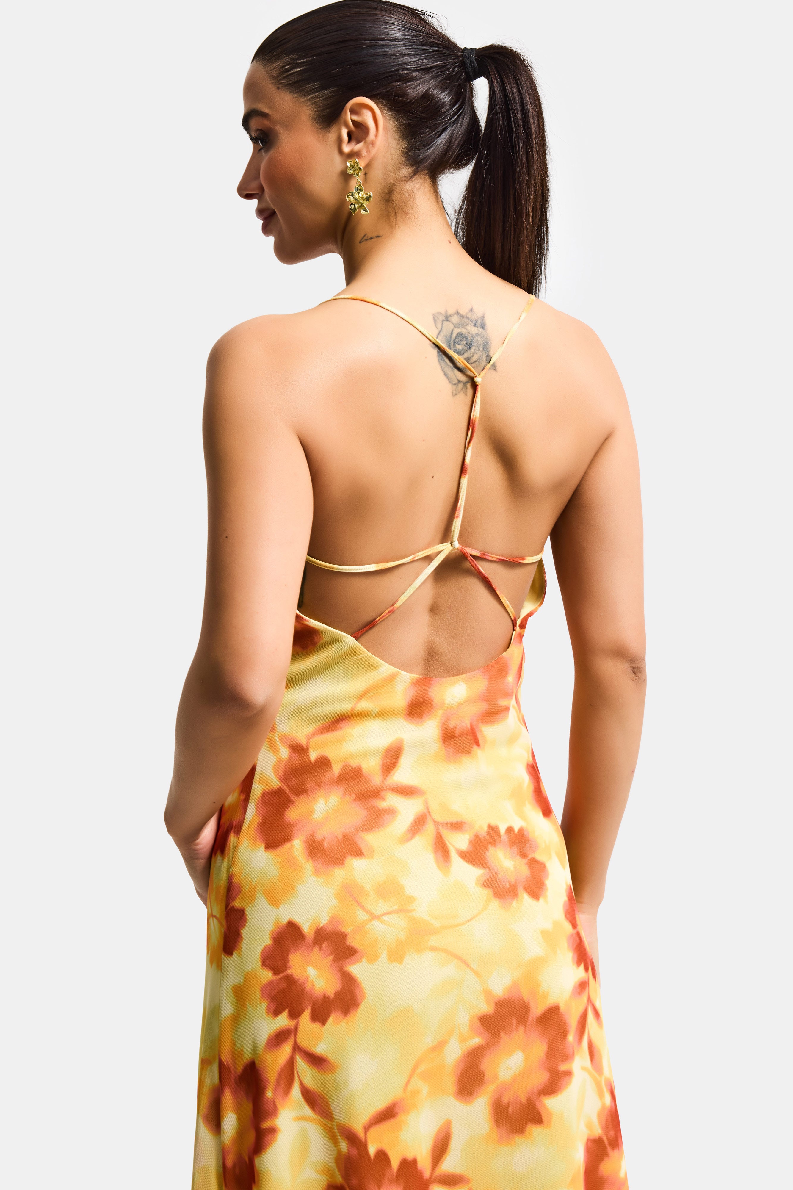 Women's Yellow Printed S6 Floral Pattern-4 Maxi Length Custom Design Elastane Dress