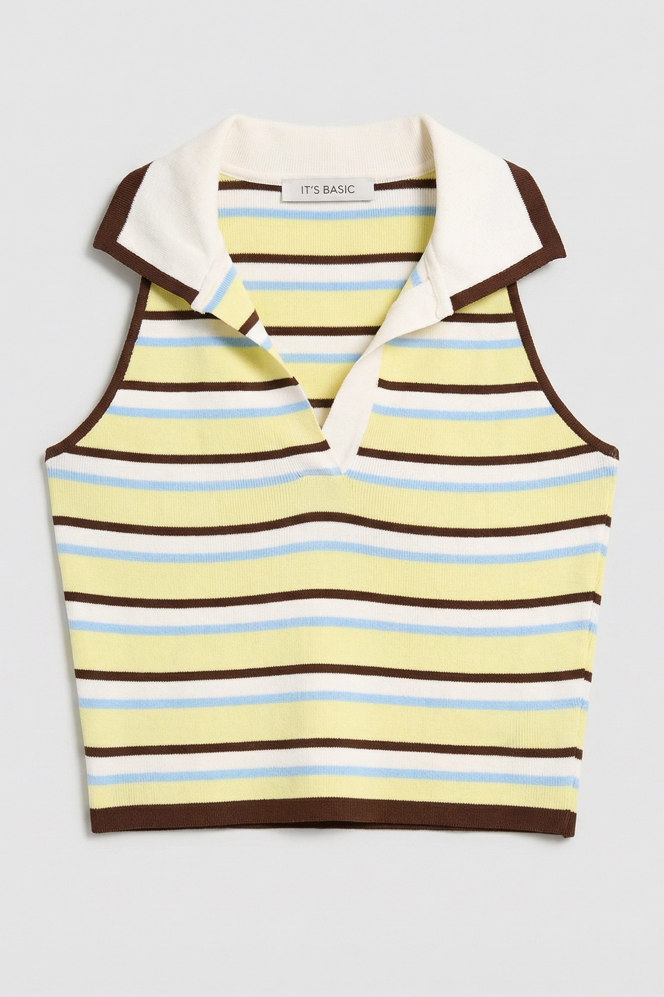 Kadın Sarı Çizgili s6-108 Crop Fit Polo Yaka İnce Yazlık Triko Body