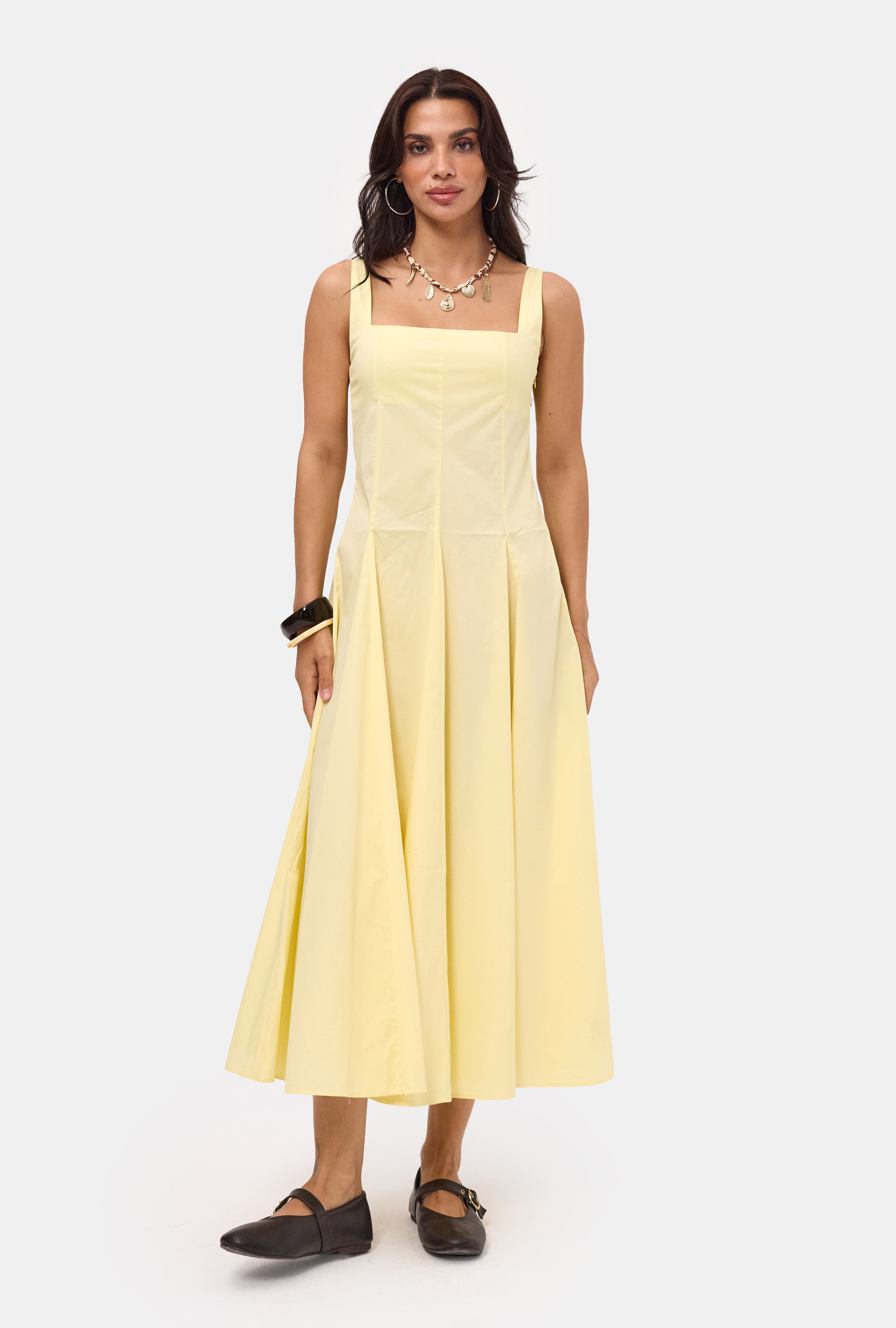Kadın Sarı Pileli Özel Kumaş Tasarım Elbise