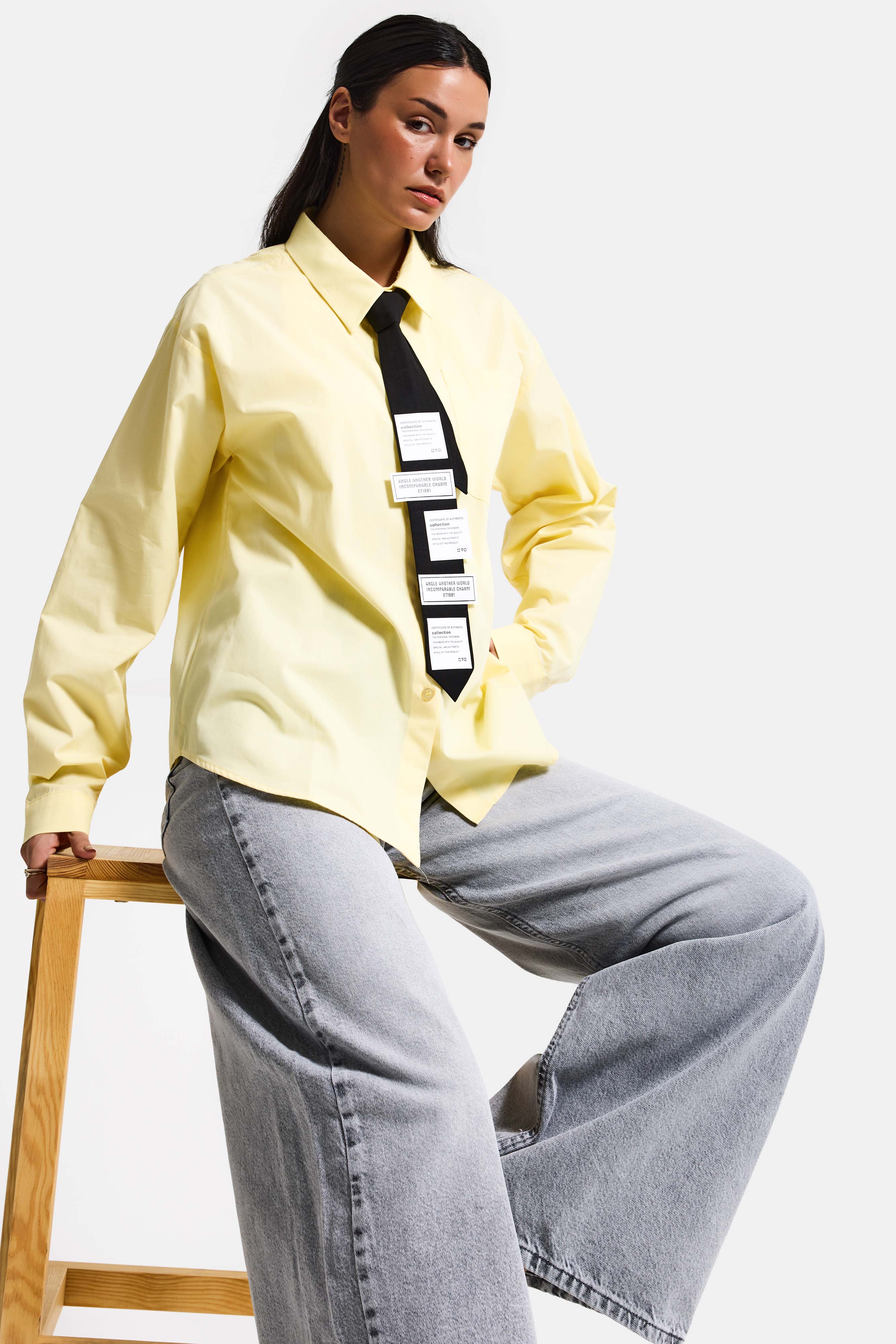 Kadın Sarı Renk Oversize Kravatlı Özel Tasarım Bol Kesim Gömlek