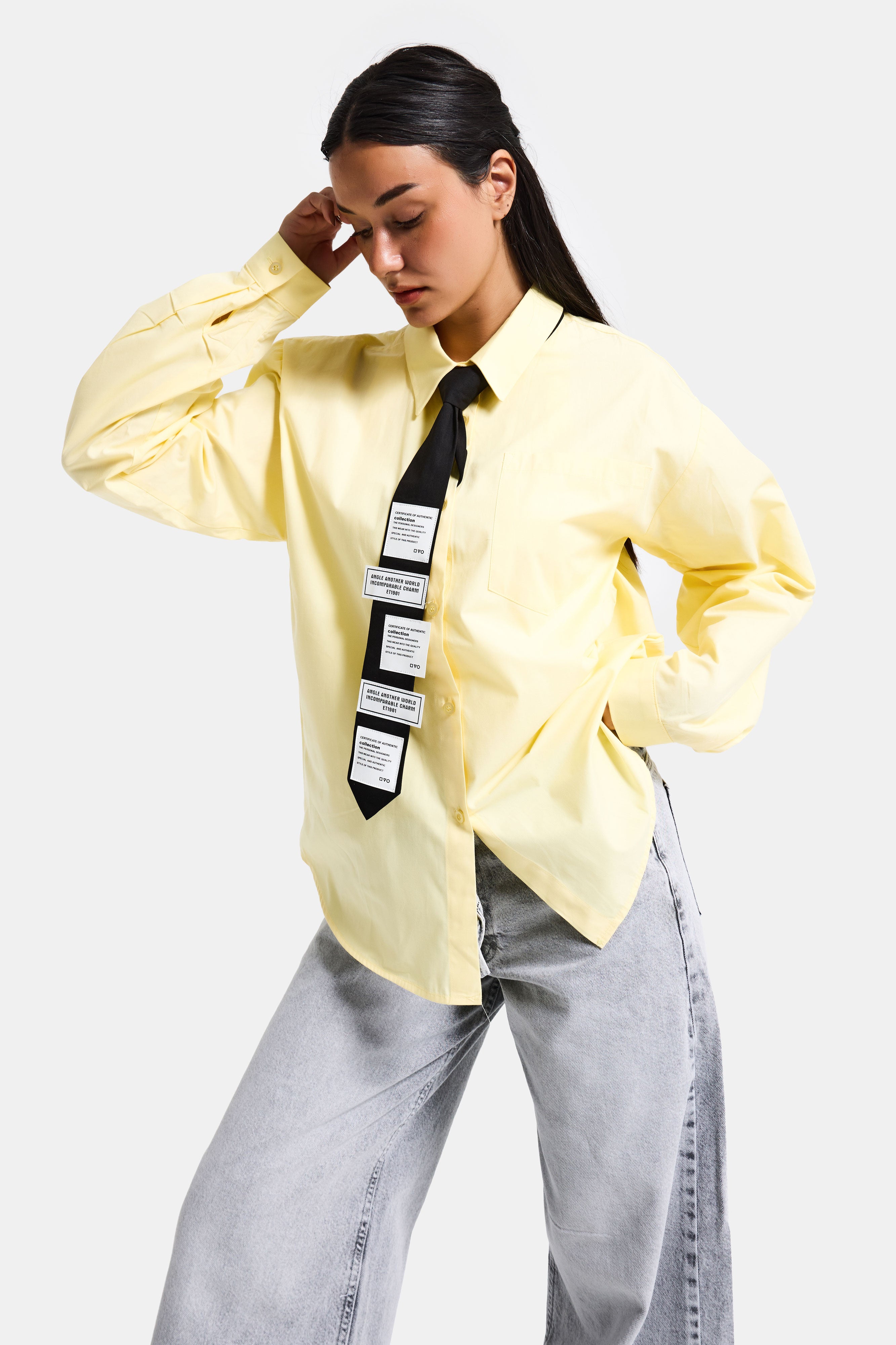 Kadın Sarı Renk Oversize Kravatlı Özel Tasarım Bol Kesim Gömlek