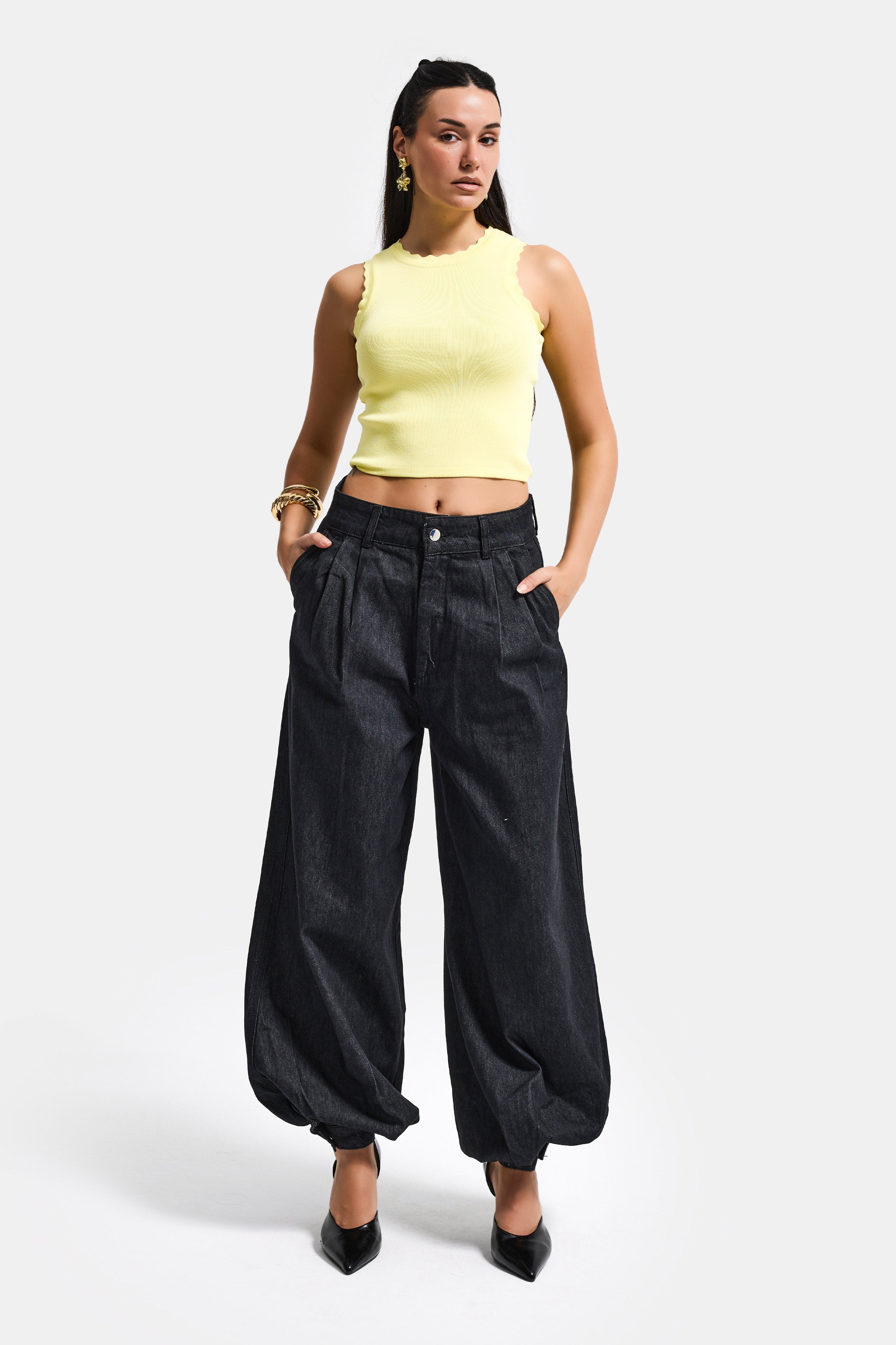 Kadın Sarı s6-108 Crop İnce Yazlık Triko Body