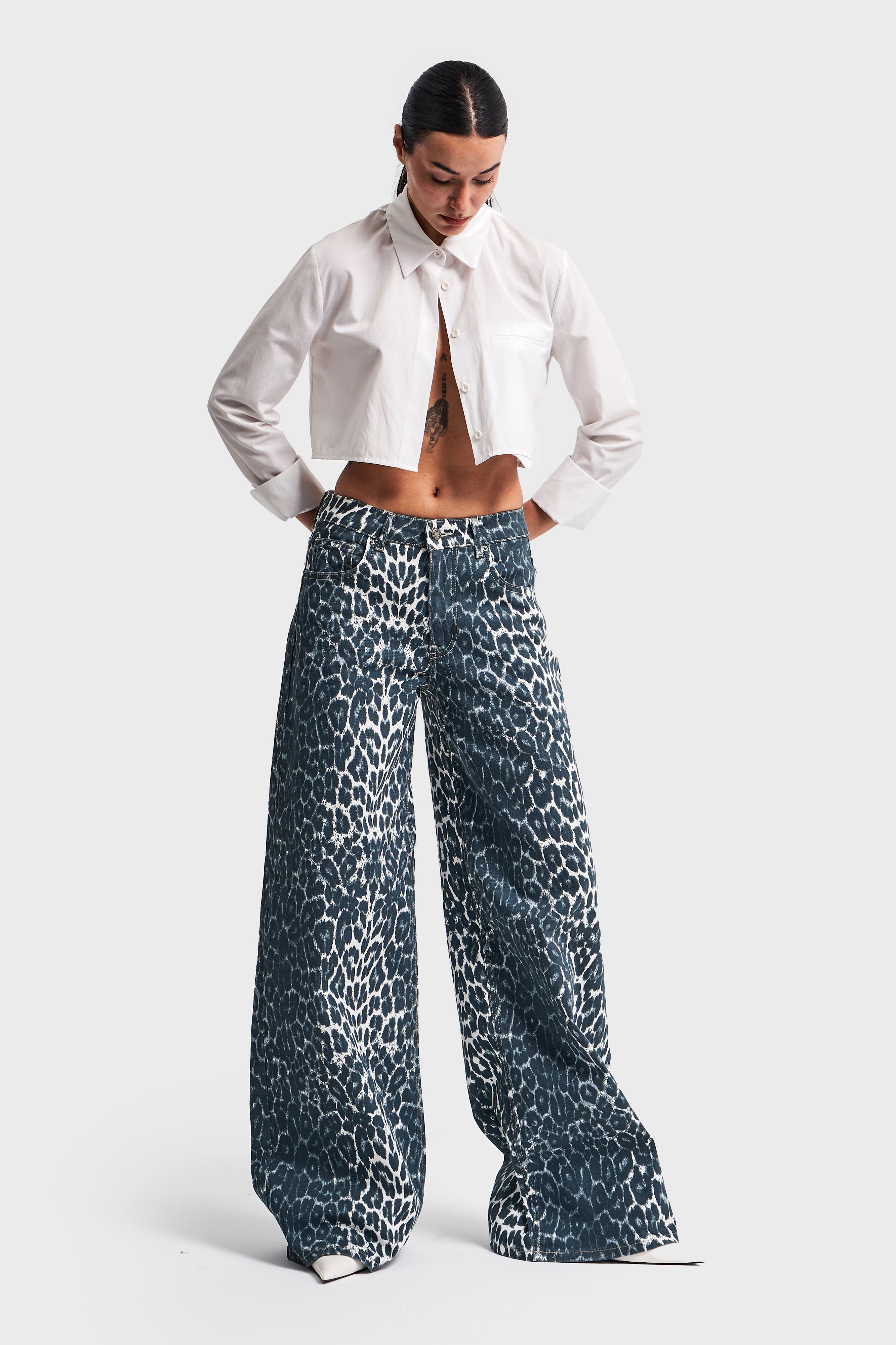 Women's Silver Leopard Color Palazzo Fit Denim Trousers