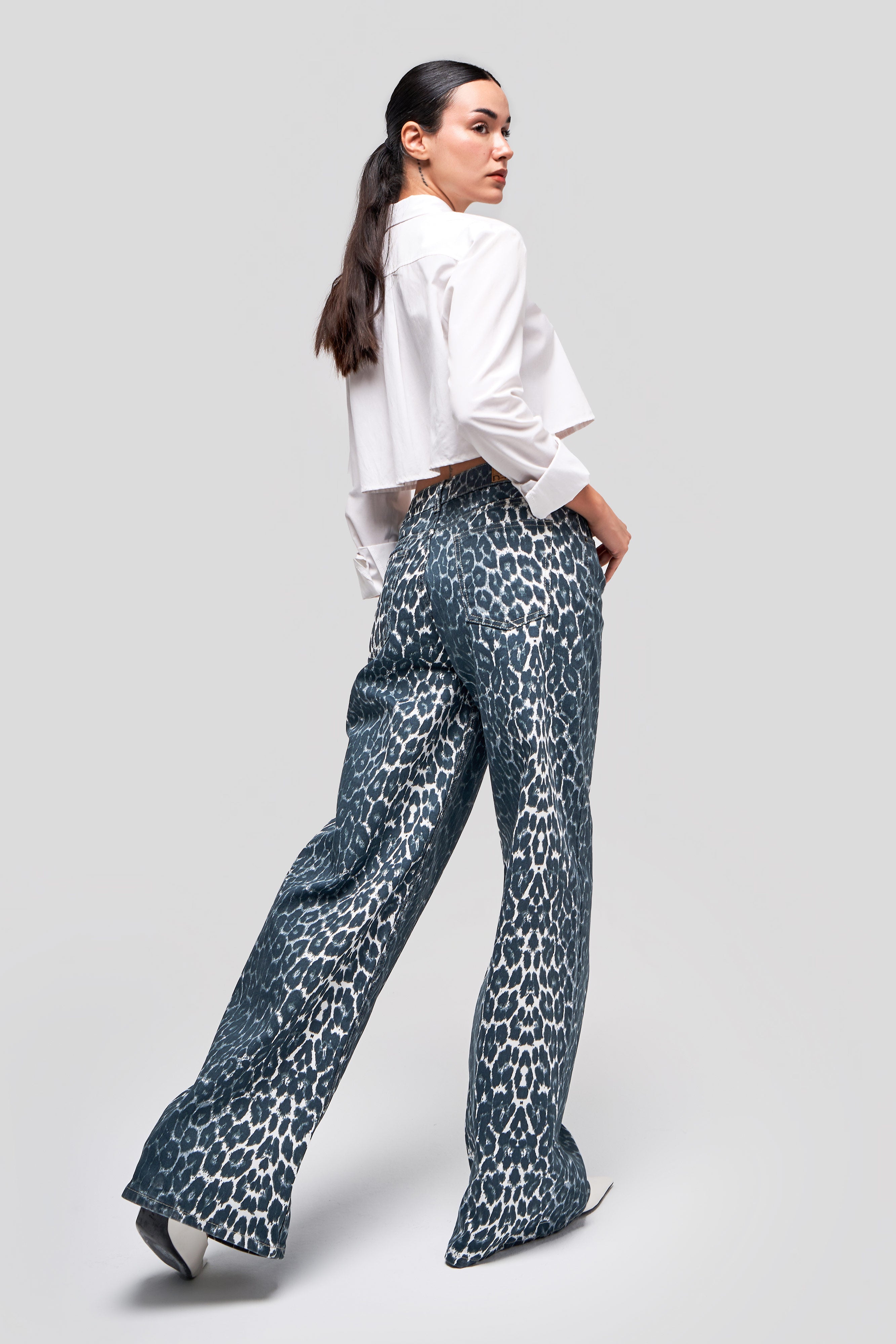 Women's Silver Leopard Color Palazzo Fit Denim Trousers
