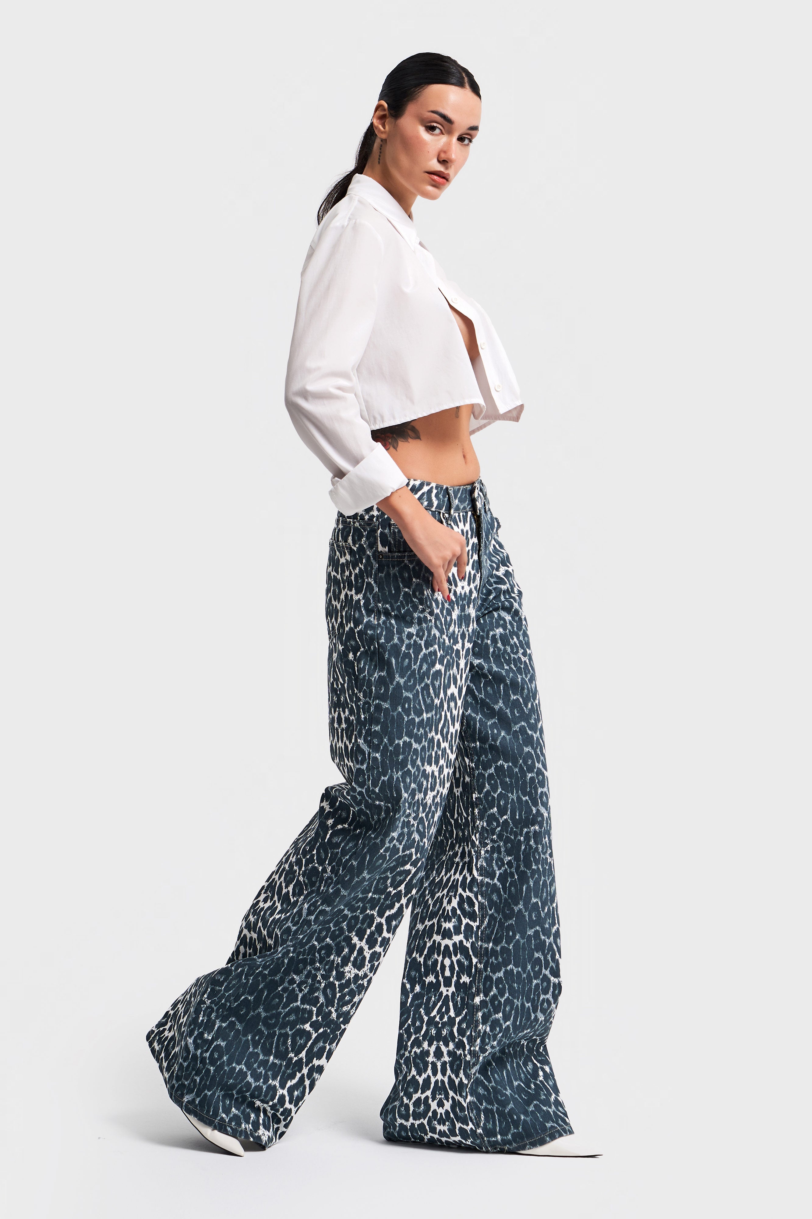 Women's Silver Leopard Color Palazzo Fit Denim Trousers