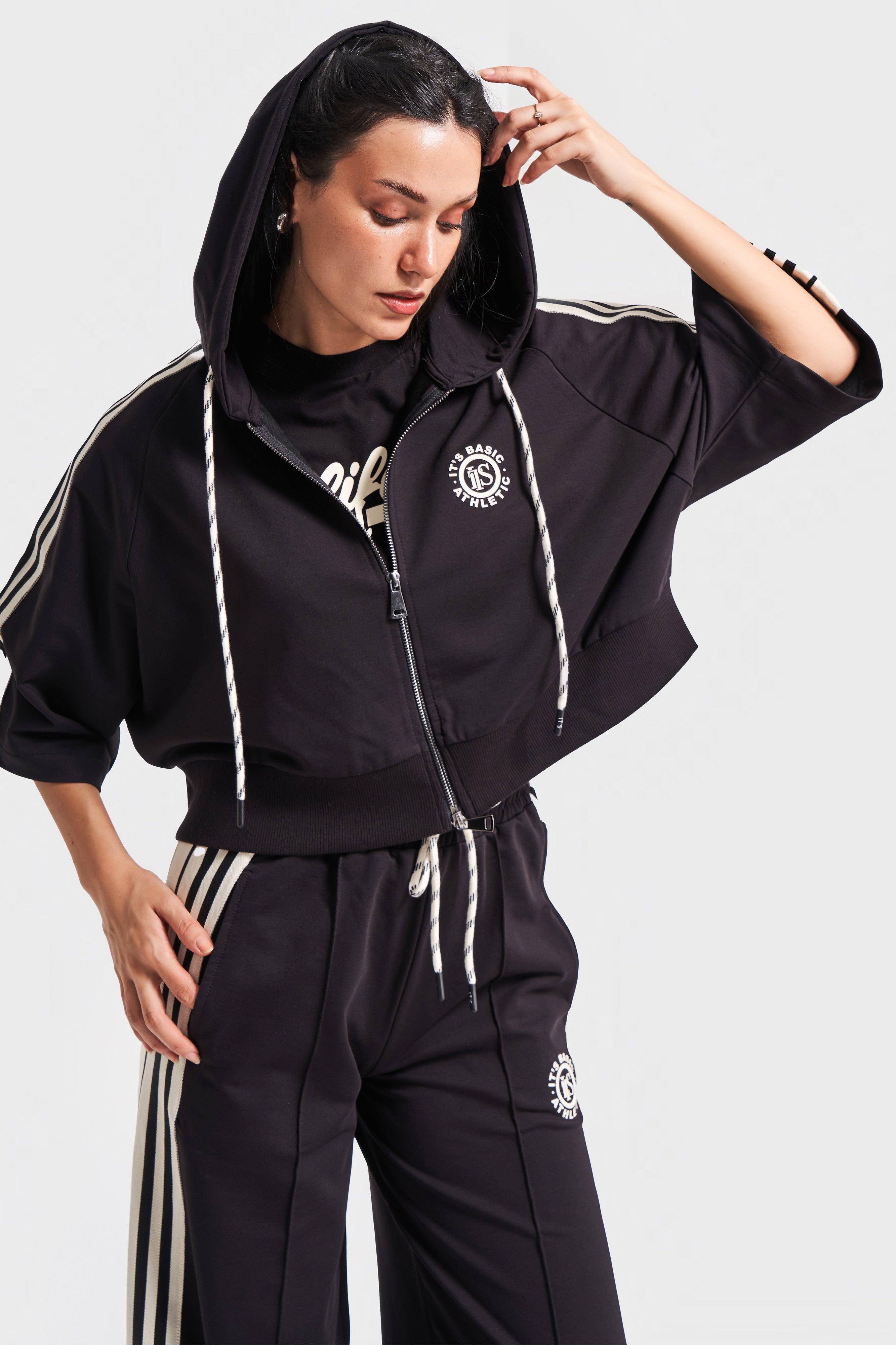 Kadın Siyah Bej Renk s5-1 Örme Kumaş Eşofman Oversize T-Shirt Fermuarlı Polar 3'lü Takım Kombin