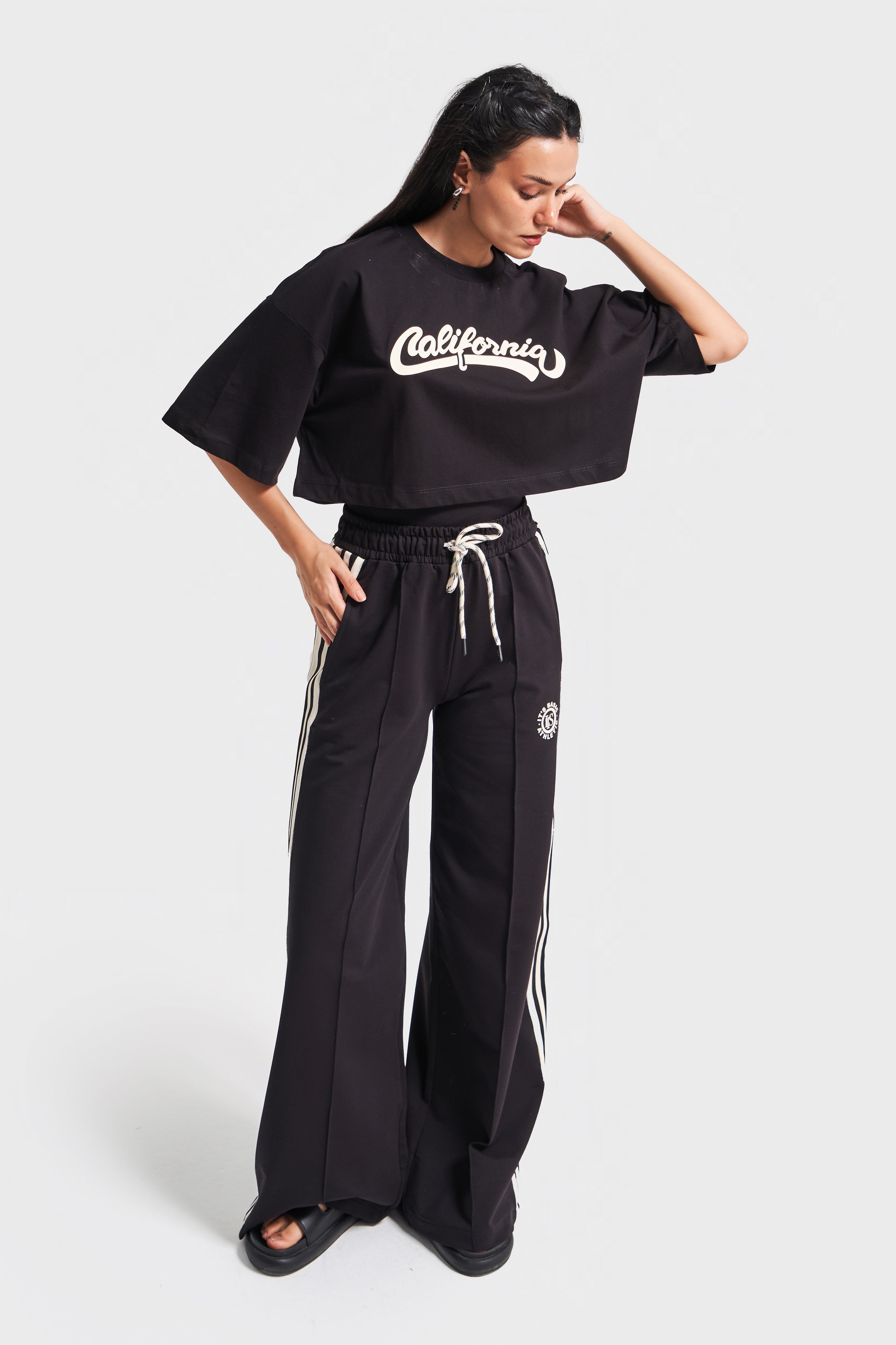 Kadın Siyah Bej Renk s5-1 Örme Kumaş Eşofman Oversize T-Shirt Fermuarlı Polar 3'lü Takım Kombin
