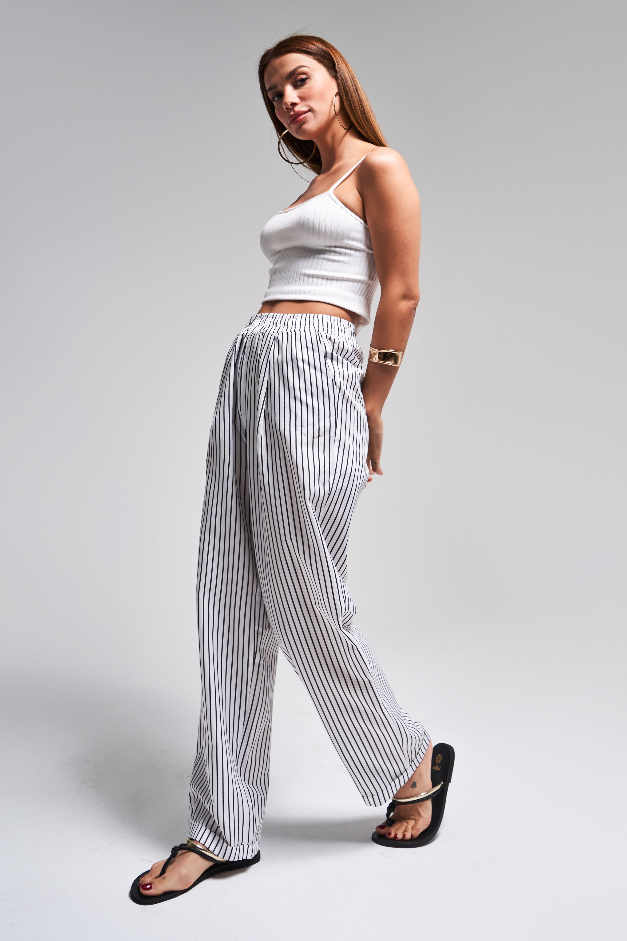 Kadın Siyah Beyaz Çizgili Renk s5-1 Rahat Kesim Koton Kumaş Beli Lastikli Pantolon