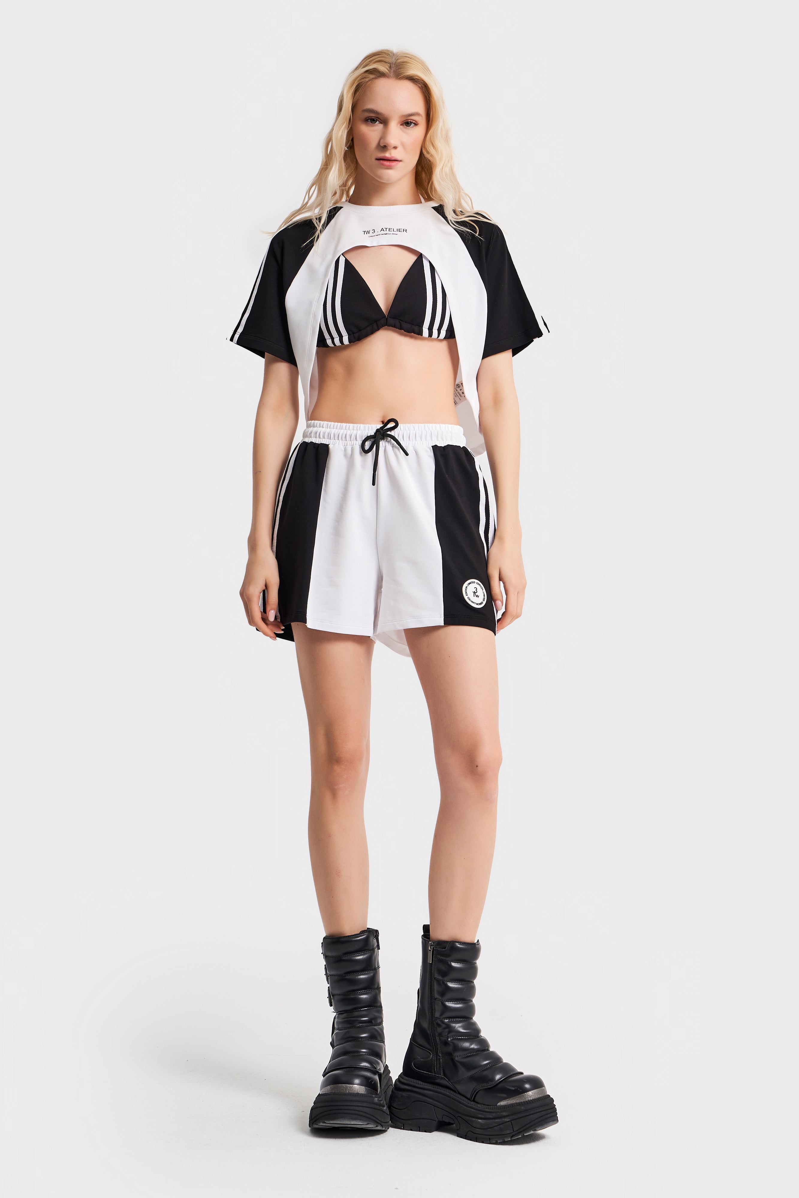 Women Black White Color Shorts Bralet Crop 3 Piece Design Set Suit