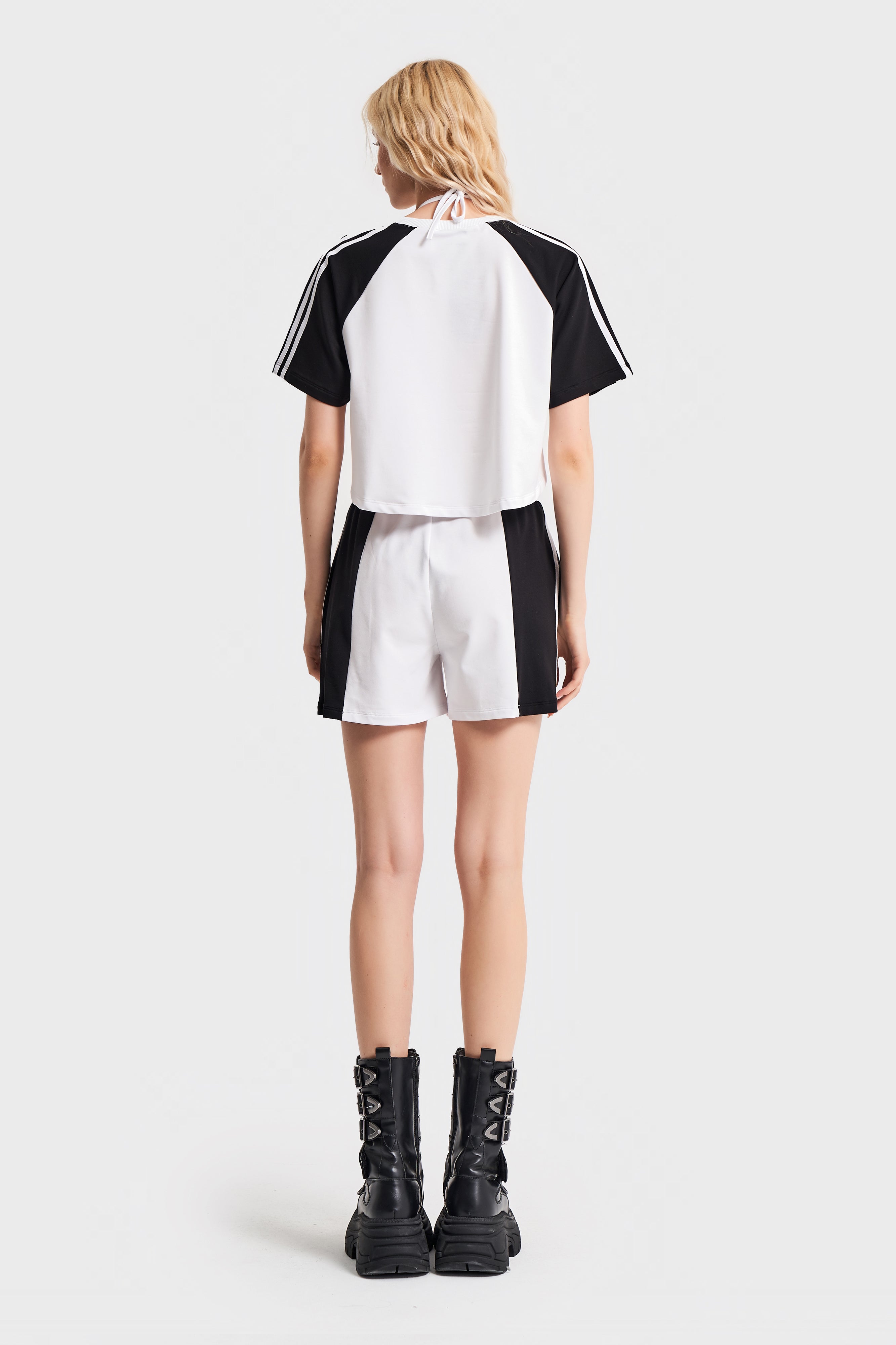 Women Black White Color Shorts Bralet Crop 3 Piece Design Set Suit