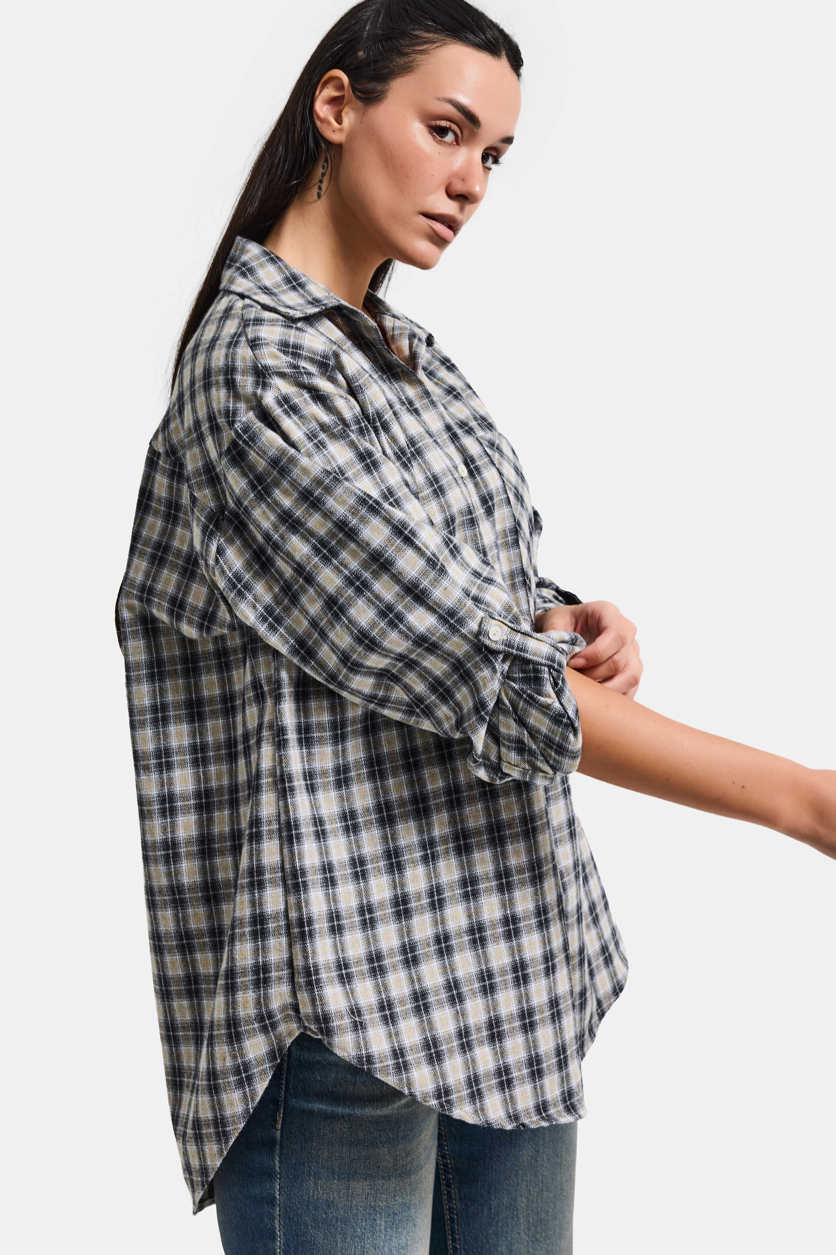 Kadın Siyah Beyaz s6 Ekose-27 Oversize Koton Gömlek