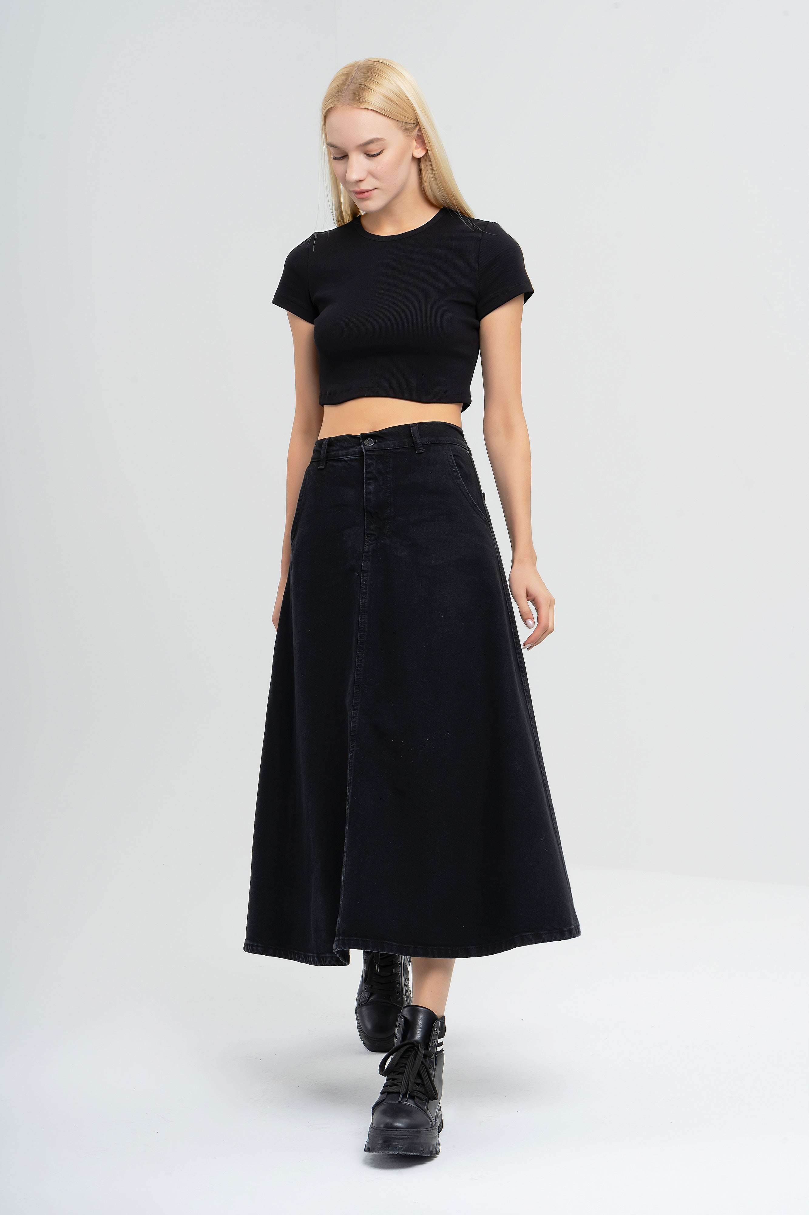 Kadın Siyah Black Od Renk A Tipi Kesim Denim Etek
