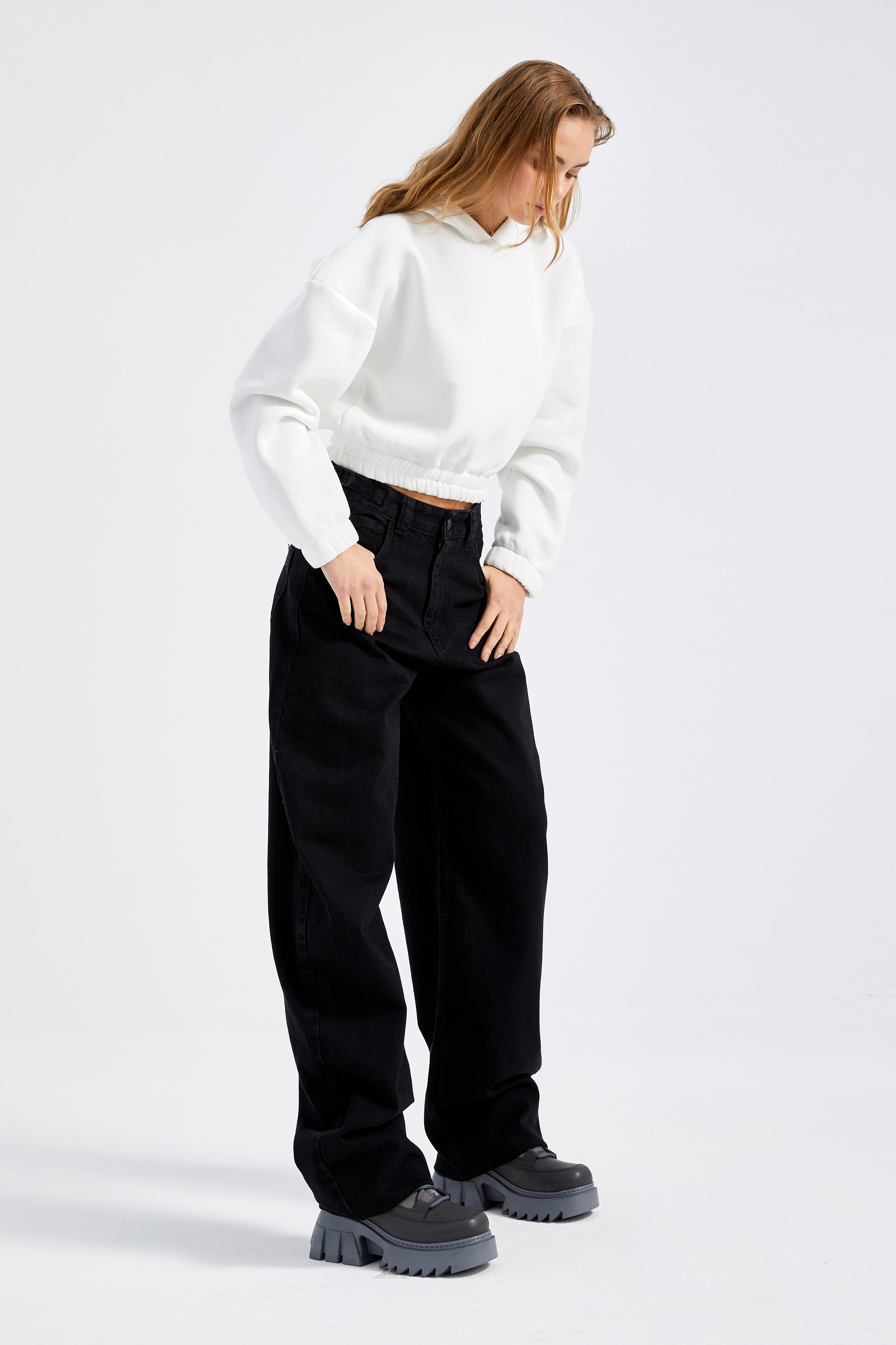 Women's Black Black Od Color Waist Adjustable Belt Super Long Loose Cut Jeans