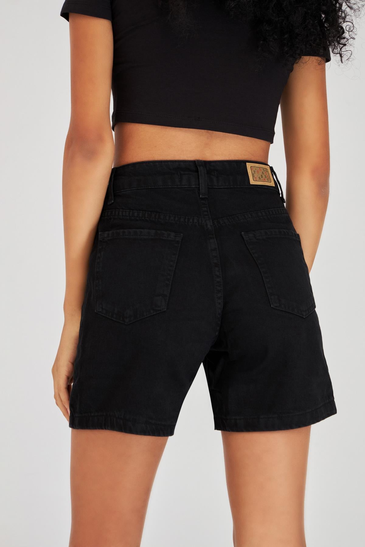 Women's Black Black Od Color Front Pleated Double Button High Waist Shorts