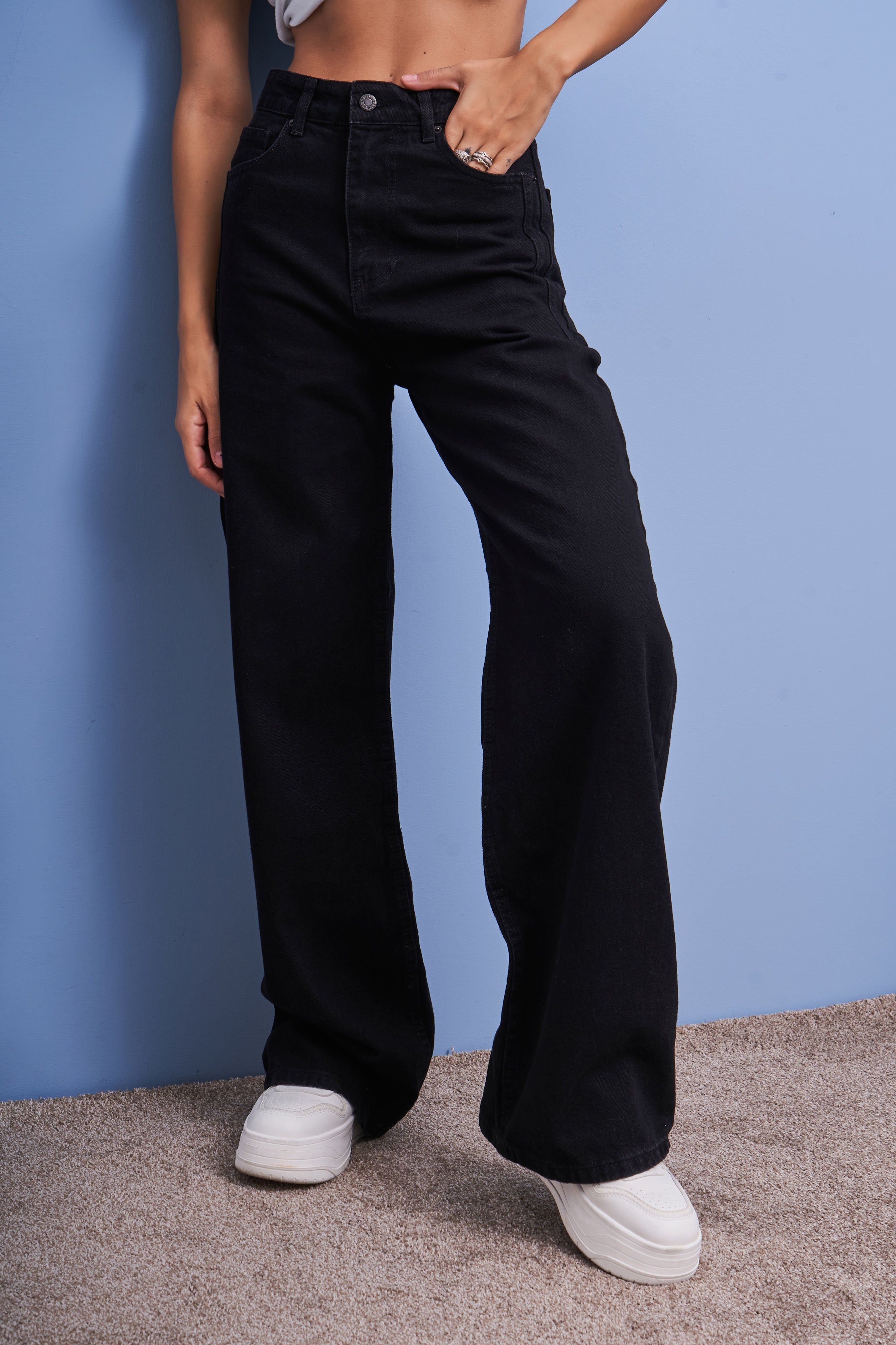 Kadın Siyah Black Od Renk Olea Wide Leg Fit Rahat Kalıp Yüksek Bel Denim Jean