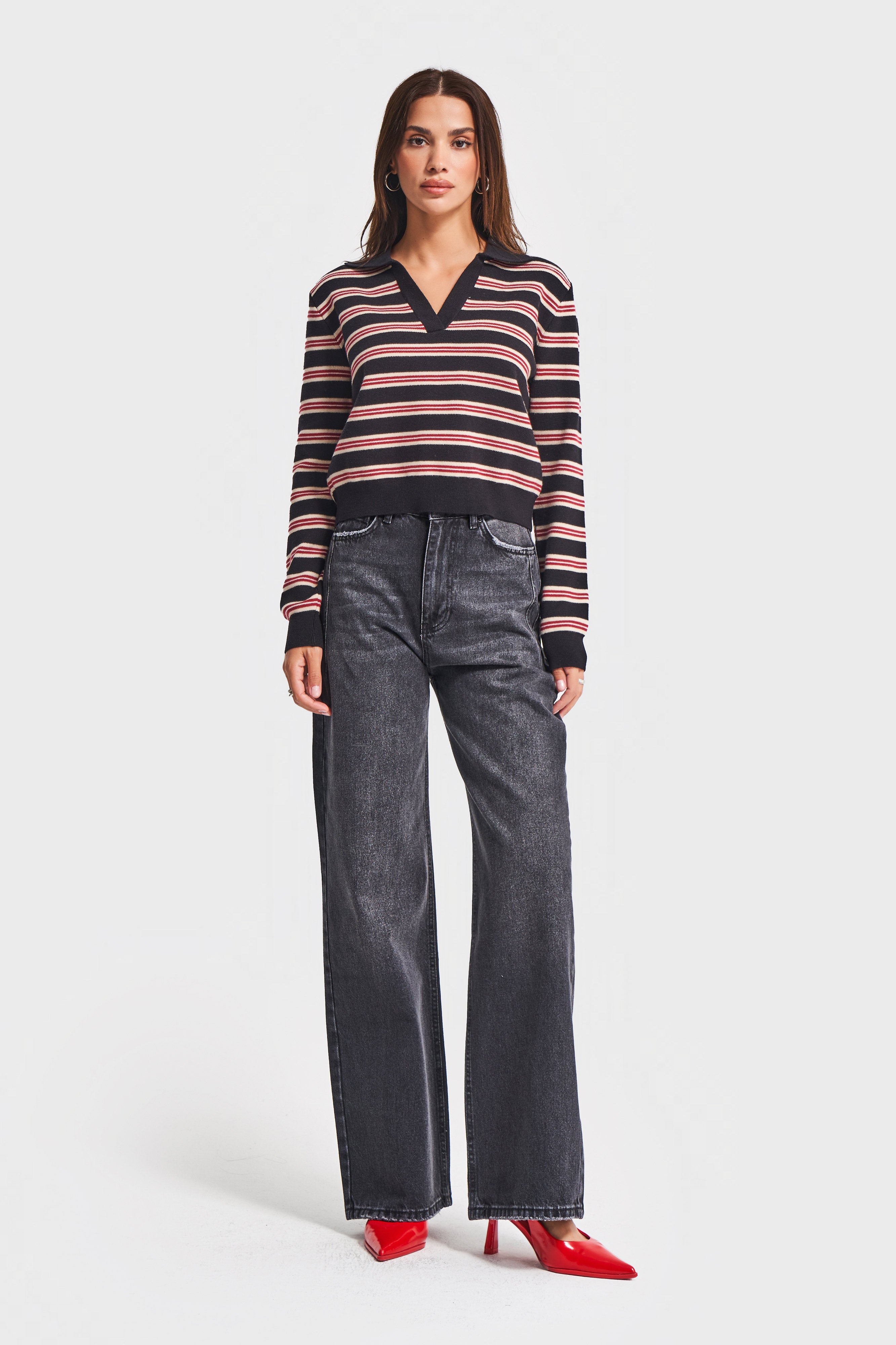 Kadın Siyah Kırmızı Renk w5-1 Polo Yaka Çizgili Rahat Kesim Örme Triko Swetshirt