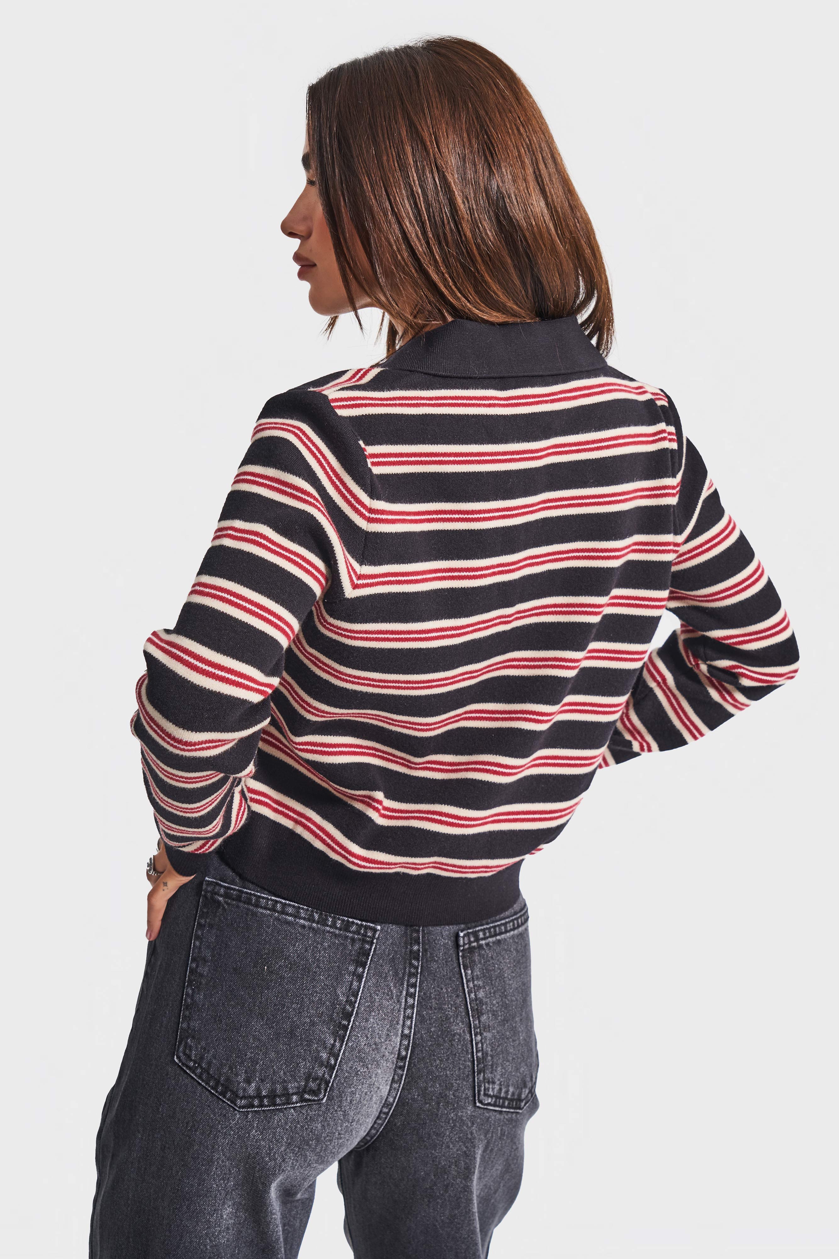 Kadın Siyah Kırmızı Renk w5-1 Polo Yaka Çizgili Rahat Kesim Örme Triko Swetshirt
