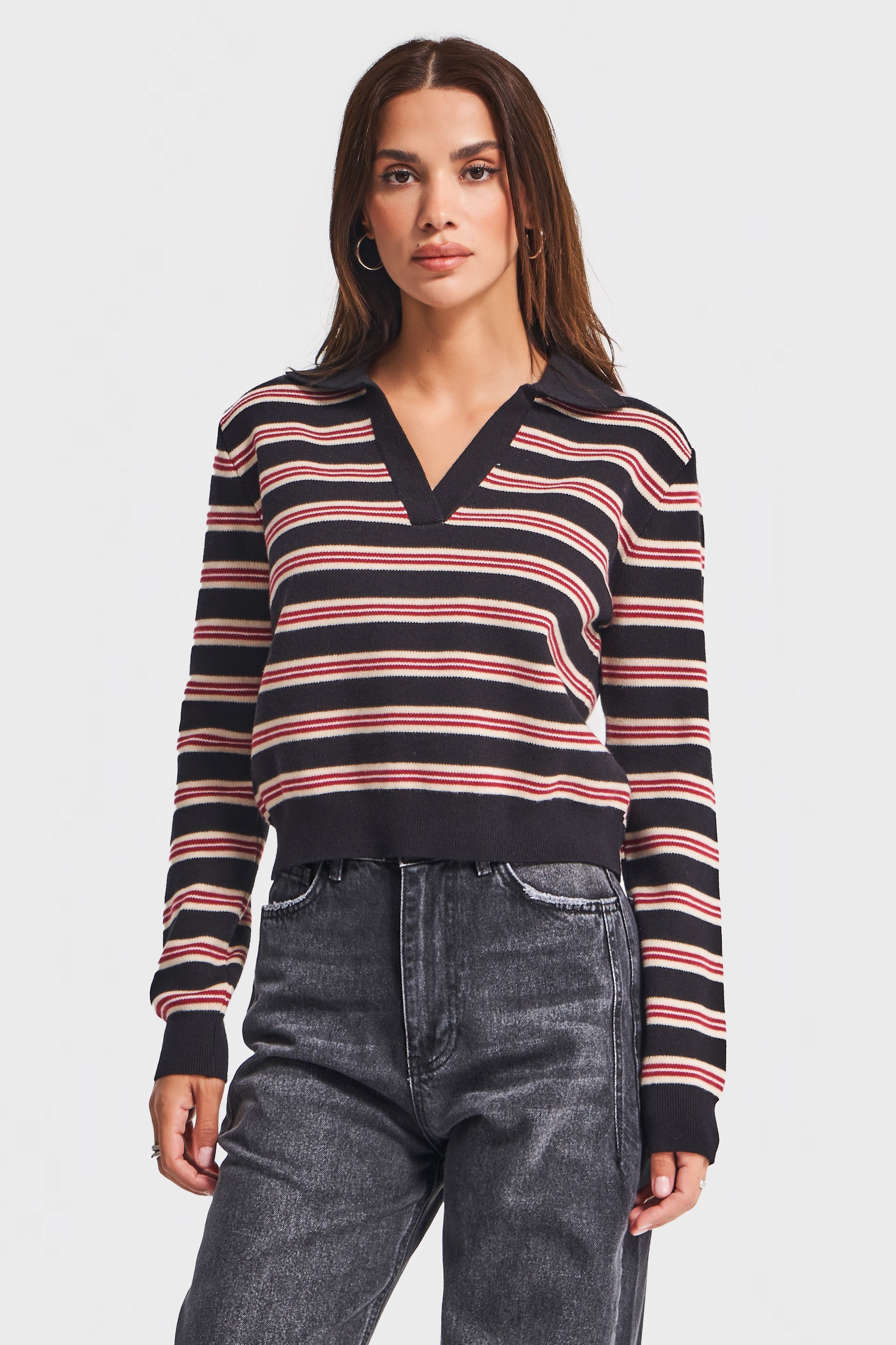 Kadın Siyah Kırmızı Renk w5-1 Polo Yaka Çizgili Rahat Kesim Örme Triko Swetshirt