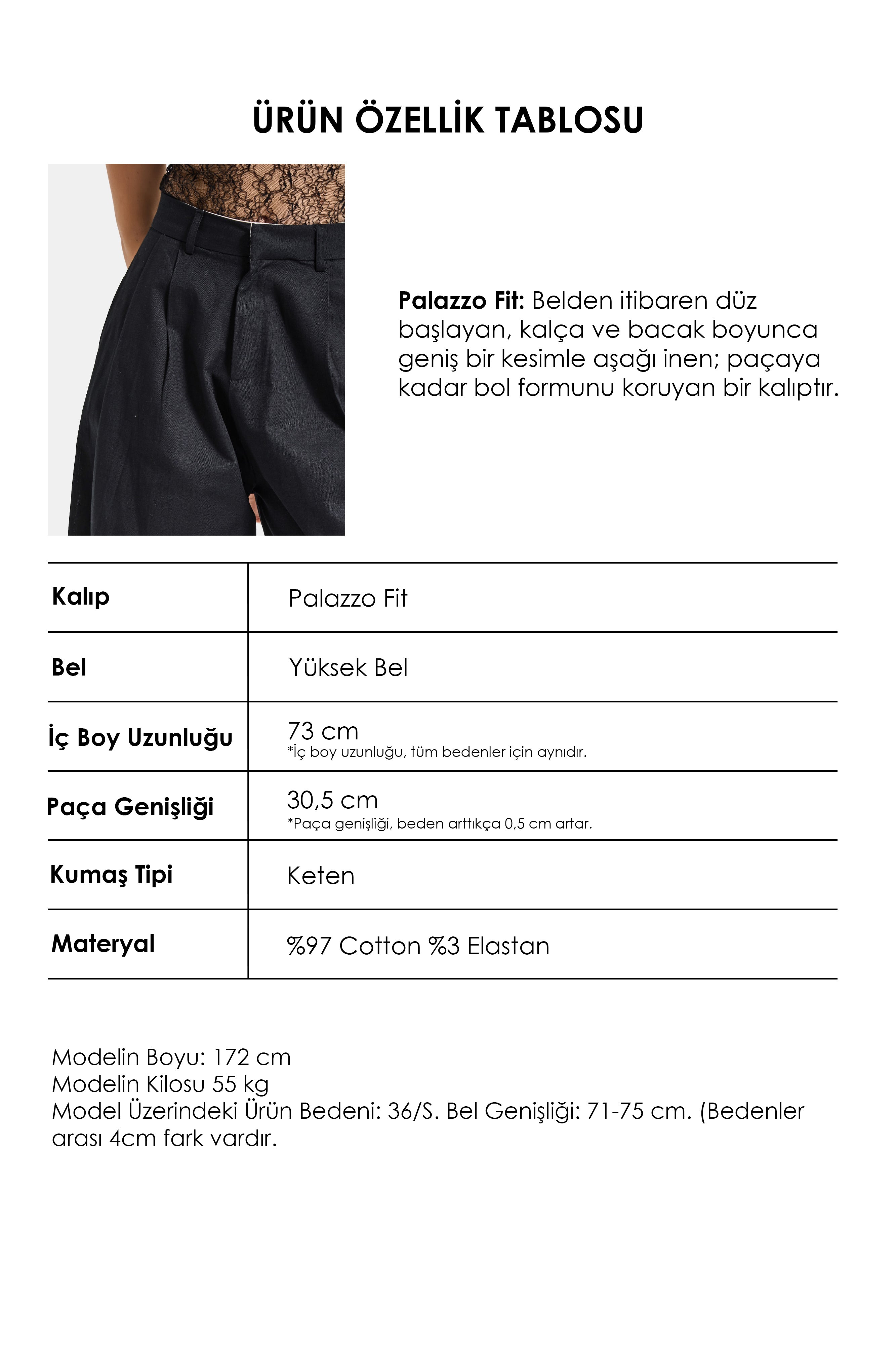 Kadın Siyah Palazzo Fit Yüksek Bel Organik Keten Pantolon