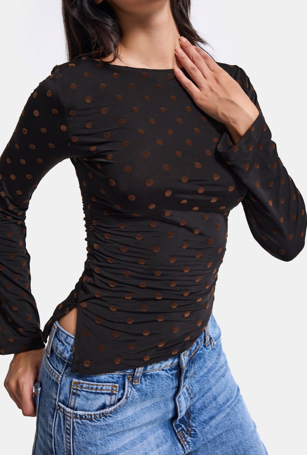 Kadın Siyah Puantiye w6-1 Shirred Blouse