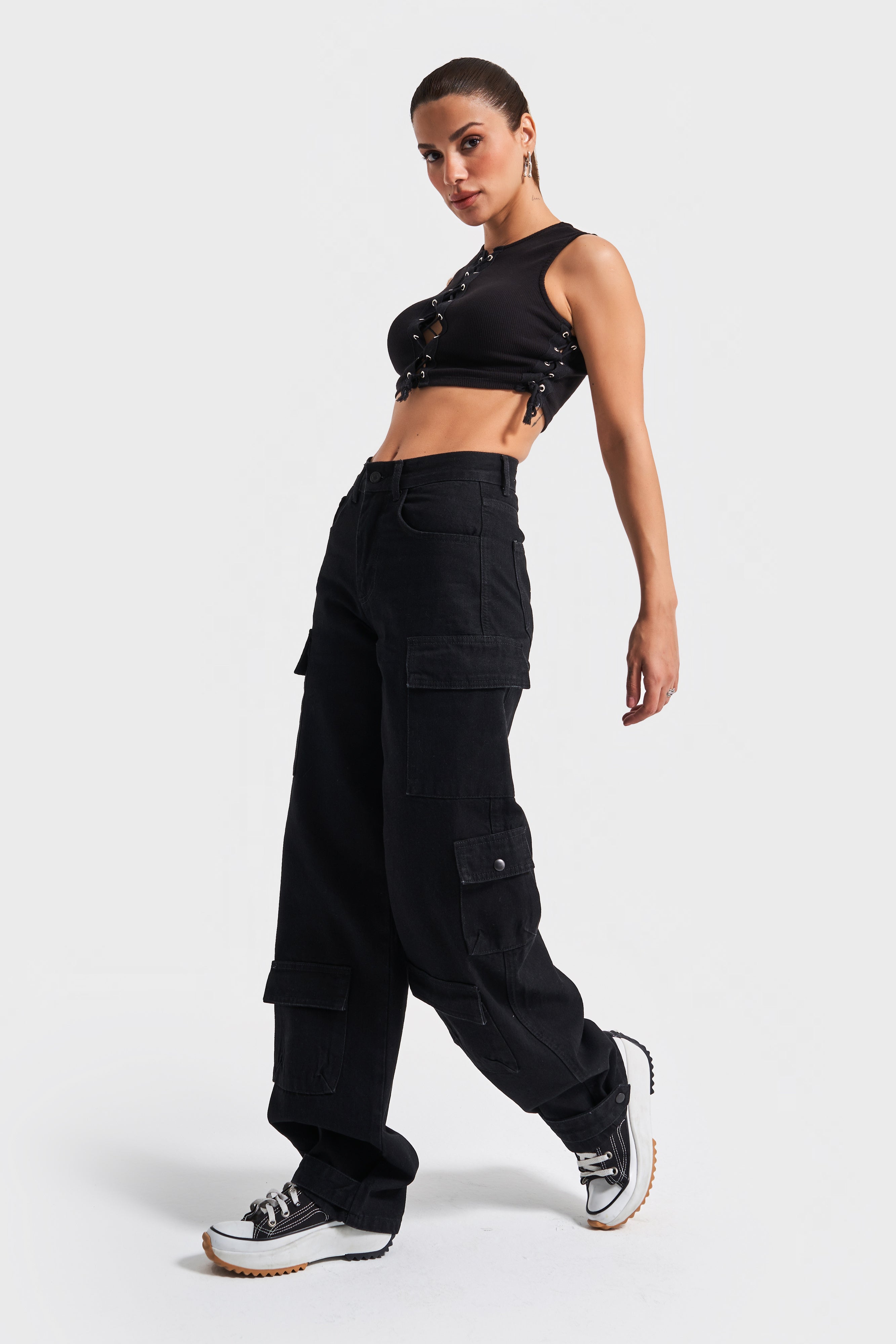 Женские джинсы Jogger Fit Cargo Pocket Barefoot с застежкой на пуговицу, 100% хлопок, черный цвет, размер 1s5-1