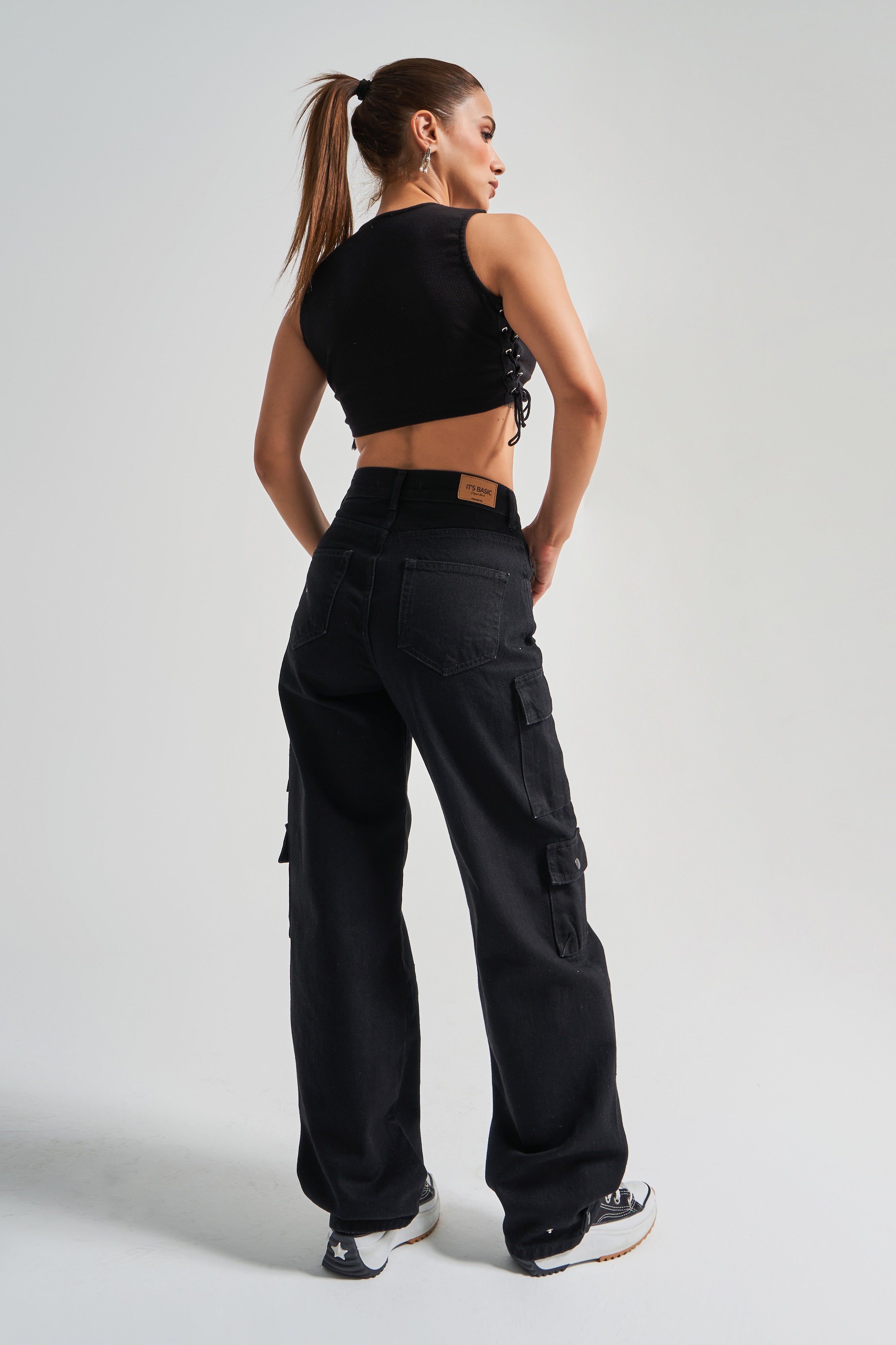 Женские джинсы Jogger Fit Cargo Pocket Barefoot с застежкой на пуговицу, 100% хлопок, черный цвет, размер 1s5-1