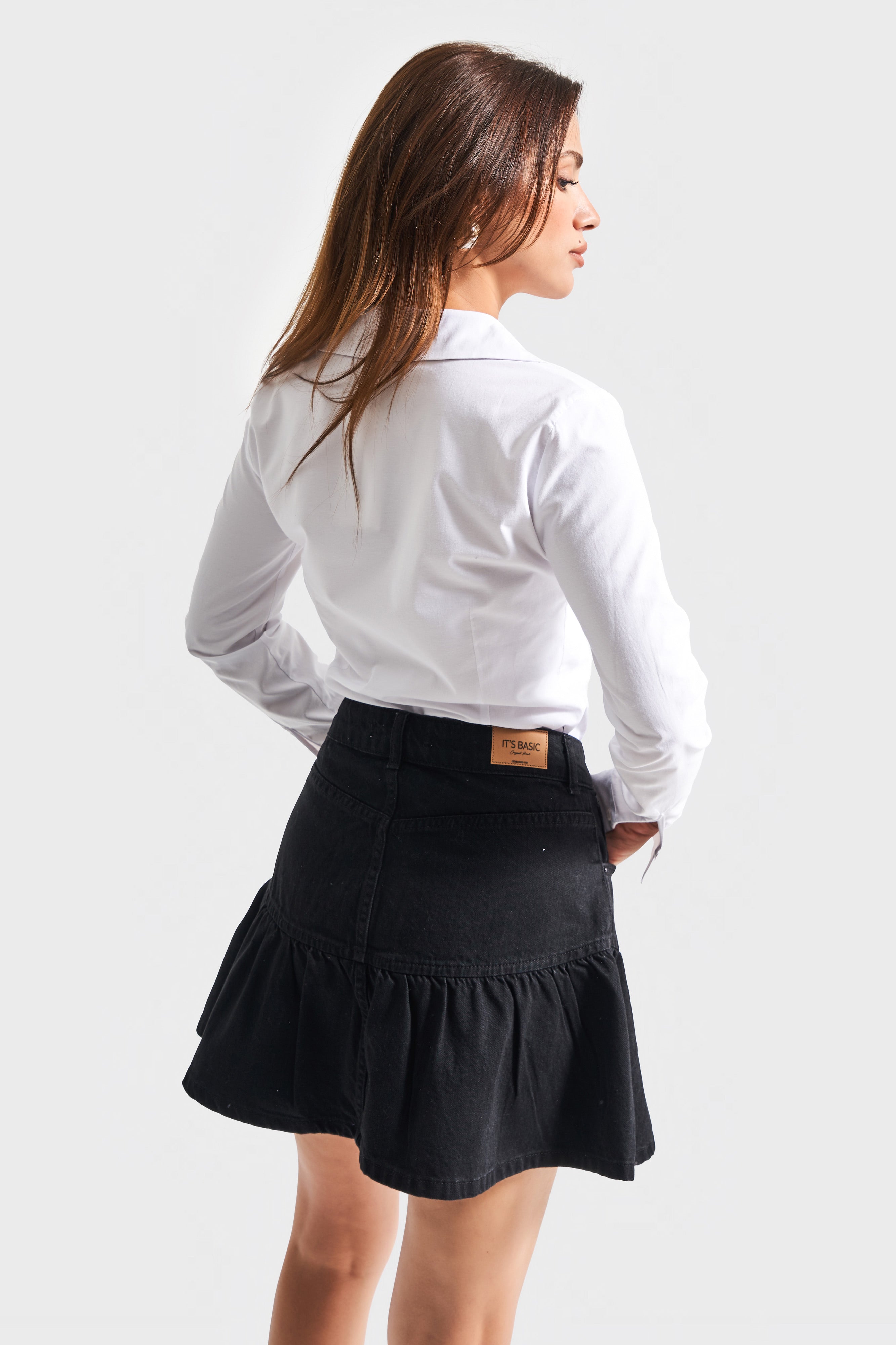 Kadın Siyah Renk 1S5-1 Volanlı Süper Mini %100 Koton Denim Etek