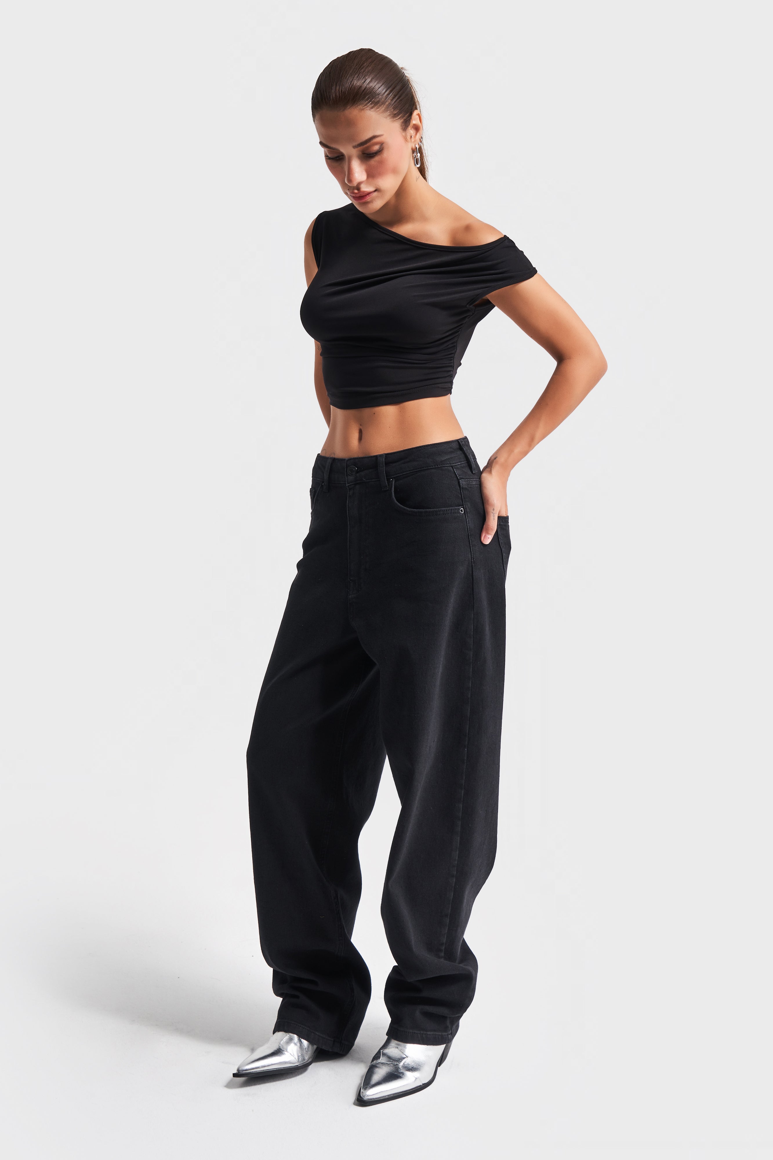 Women Black Color 1w41 Baggy Flared Fit Super Long 100% Cotton Denim