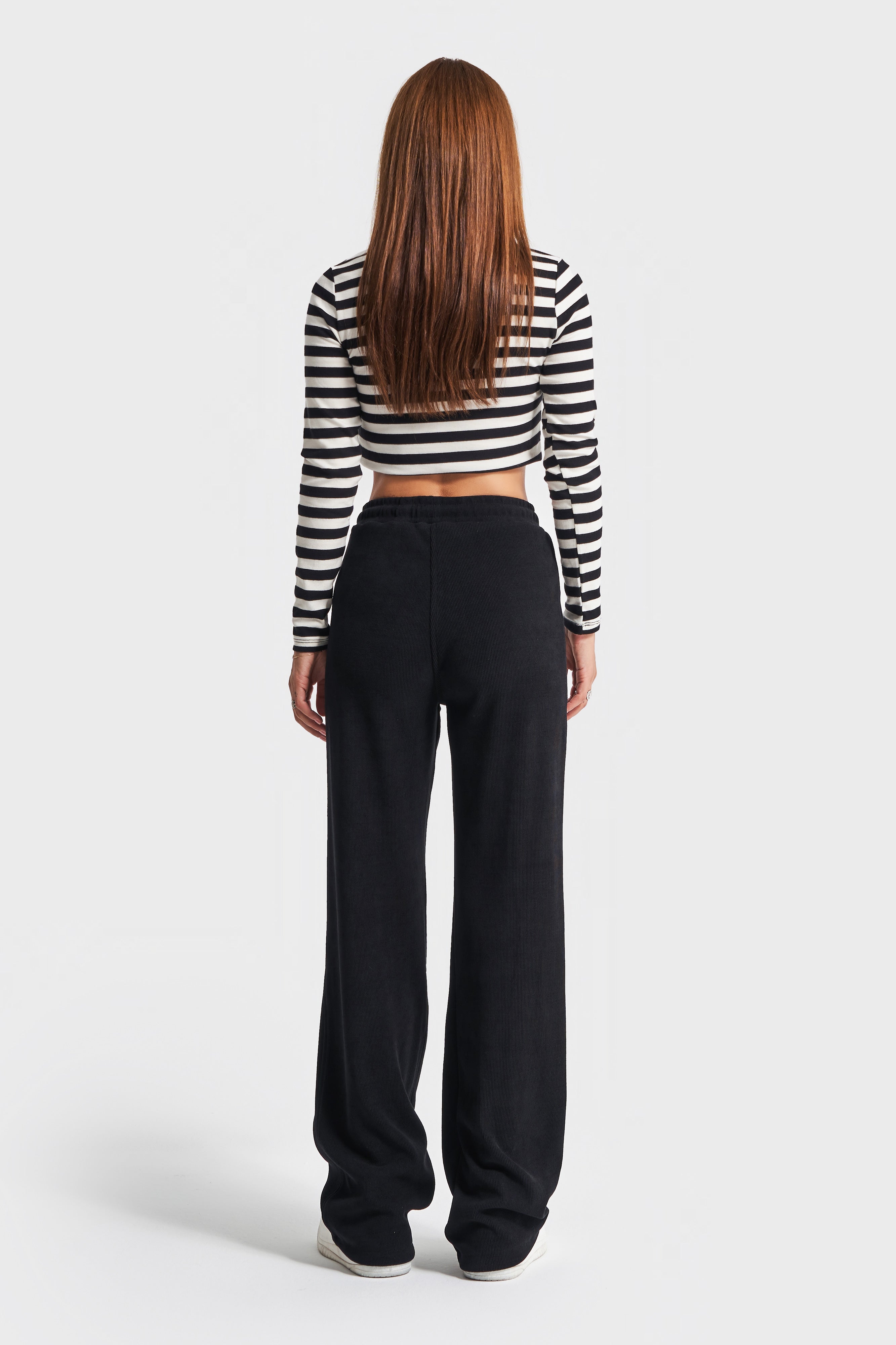 Women's Black Color 1w41 Thin Ribbed Knitted Flexible Velvet Fabric Trousers