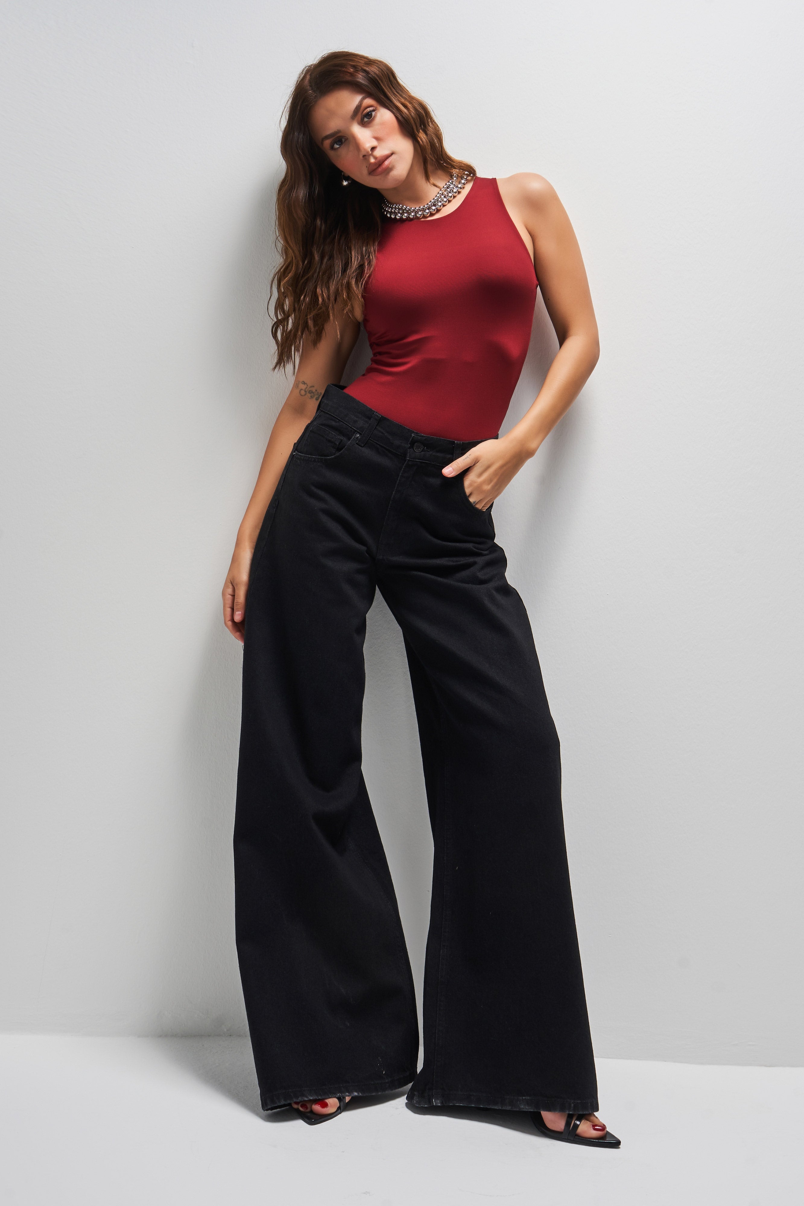 Women's Black Color 1w41 Palazzo Fit Loose Cut Denim