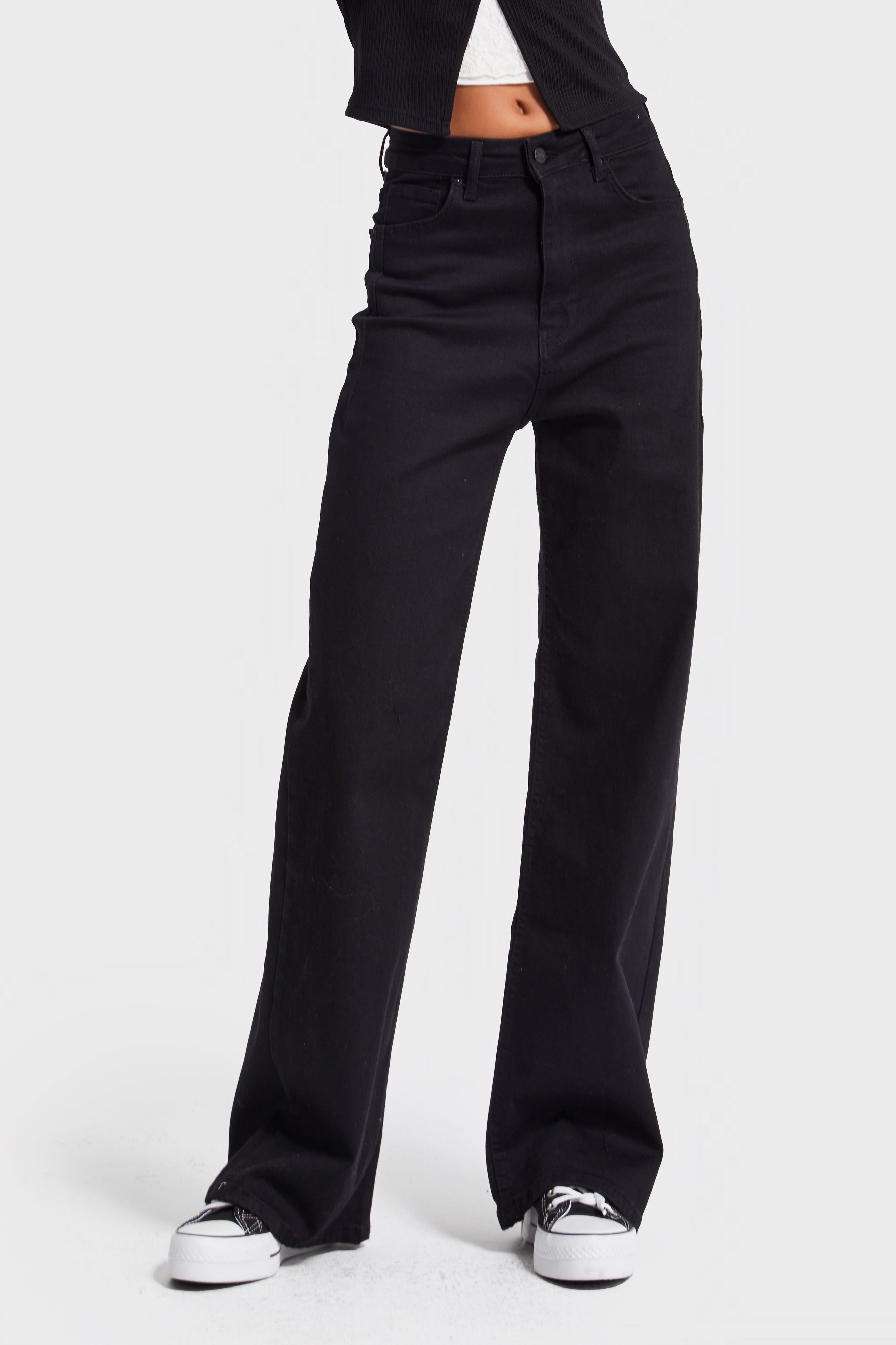 Kadın Siyah Renk 1w5-1 Esnek Likralı Kumaş Wide Leg Fit İç Boy 80cm Denim Jean