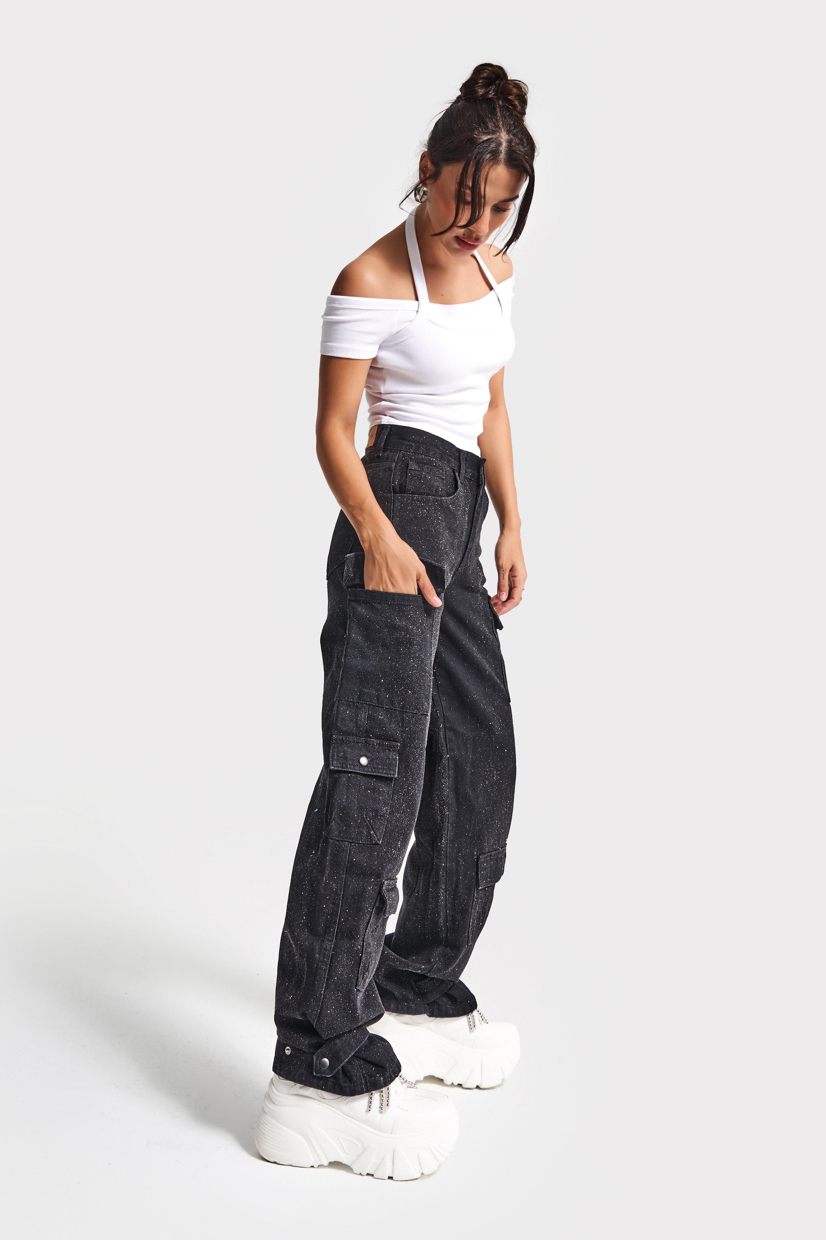 Kadın Siyah Renk 1w5-1 Straight Kargo Fit Parlak Pul Detaylı Özel Tasarım Denim Jean