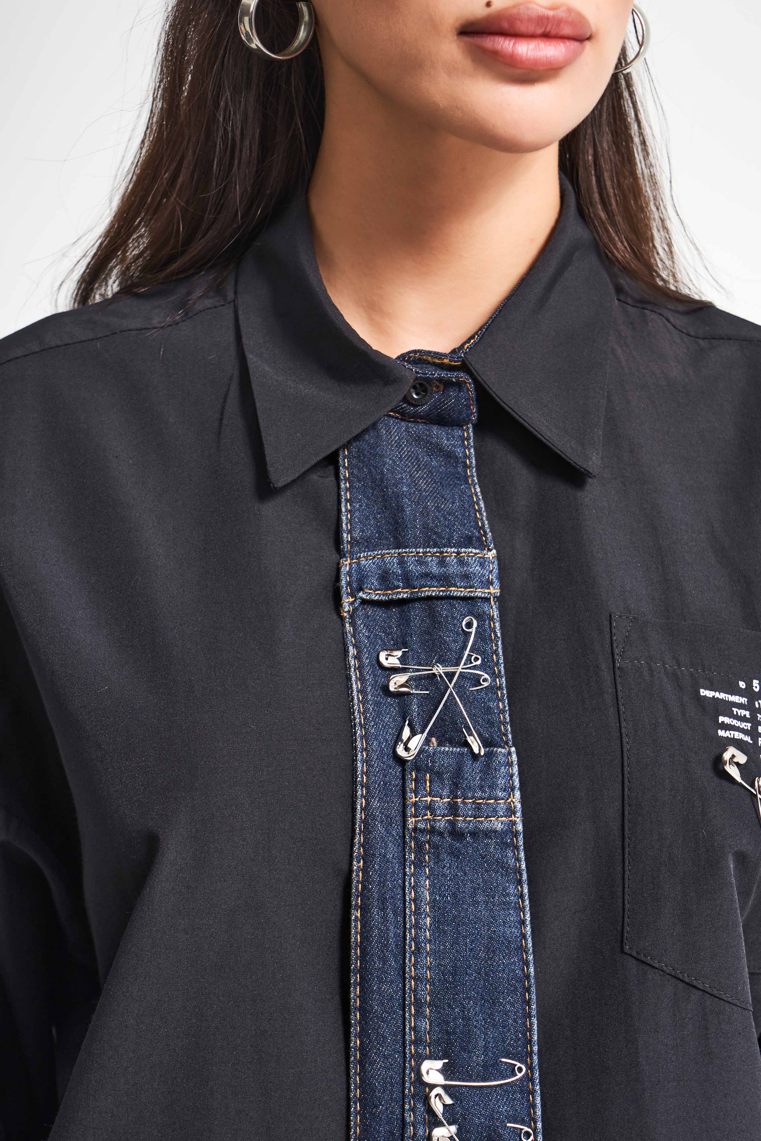 Women's Black Loose-Fit Tie-Detail Custom Design Shirt