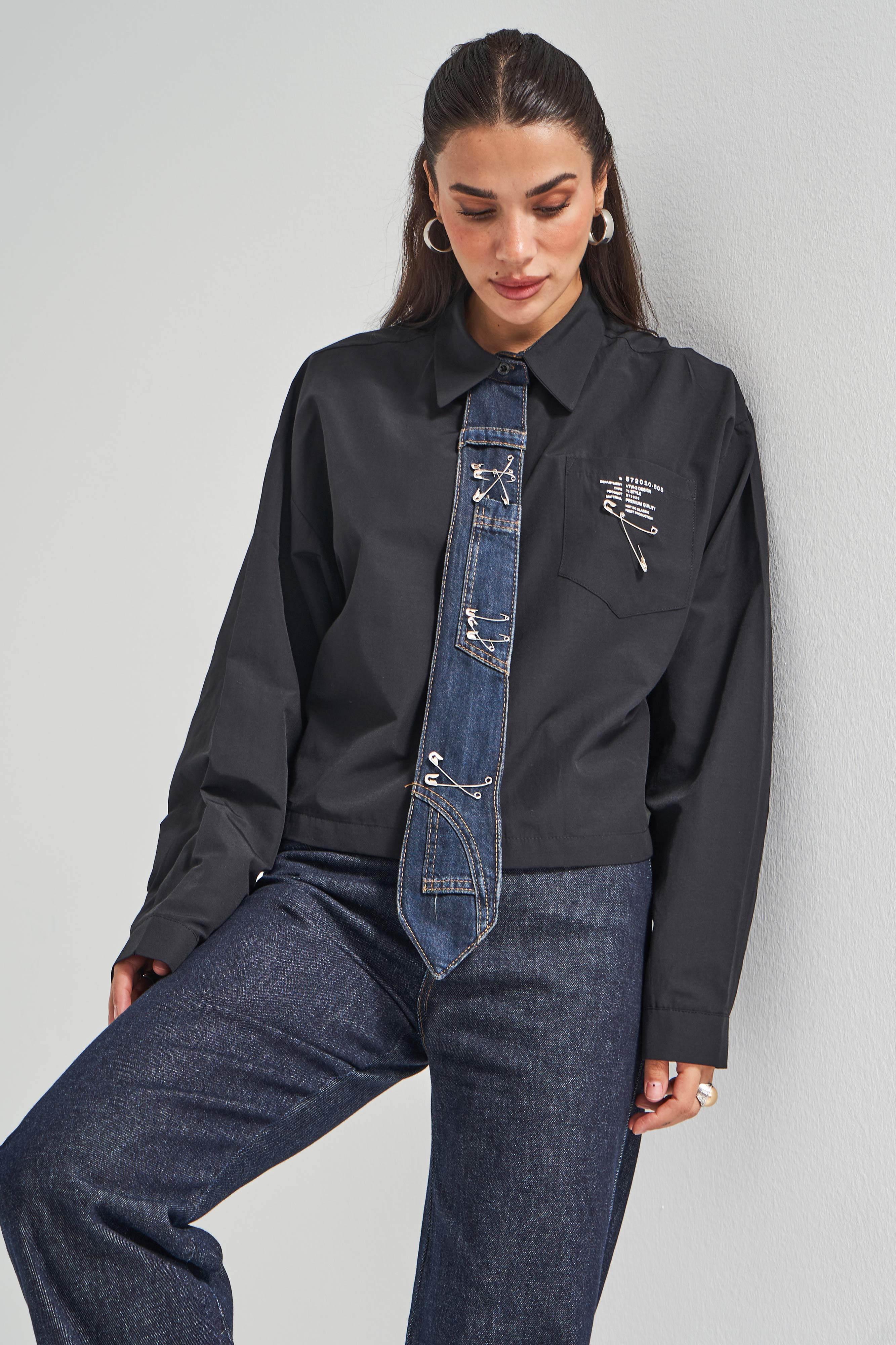 Women's Black Loose-Fit Tie-Detail Custom Design Shirt