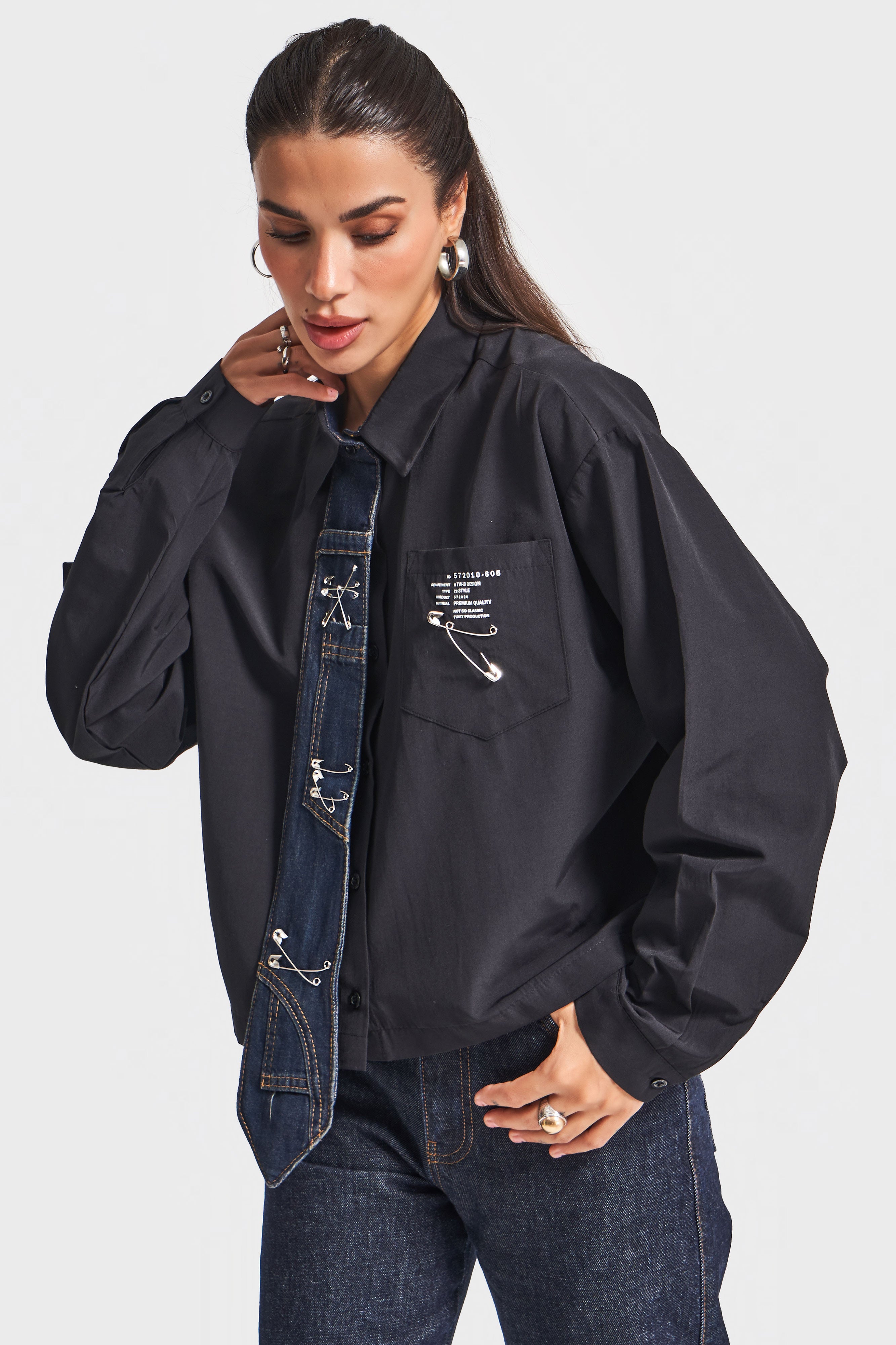 Women's Black Loose-Fit Tie-Detail Custom Design Shirt