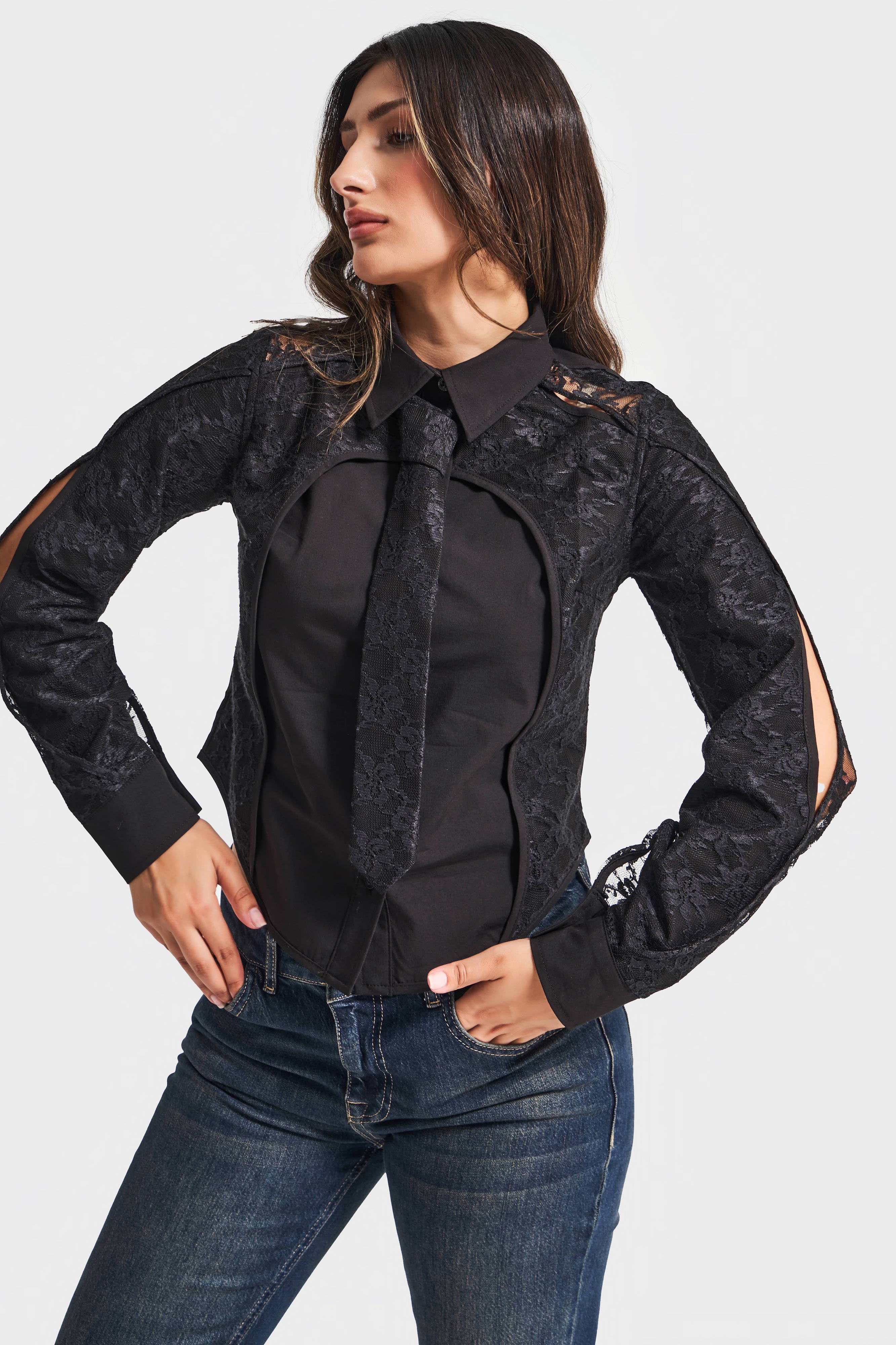 Women's Black Lace and Tie Detailed Custom Design Shirt