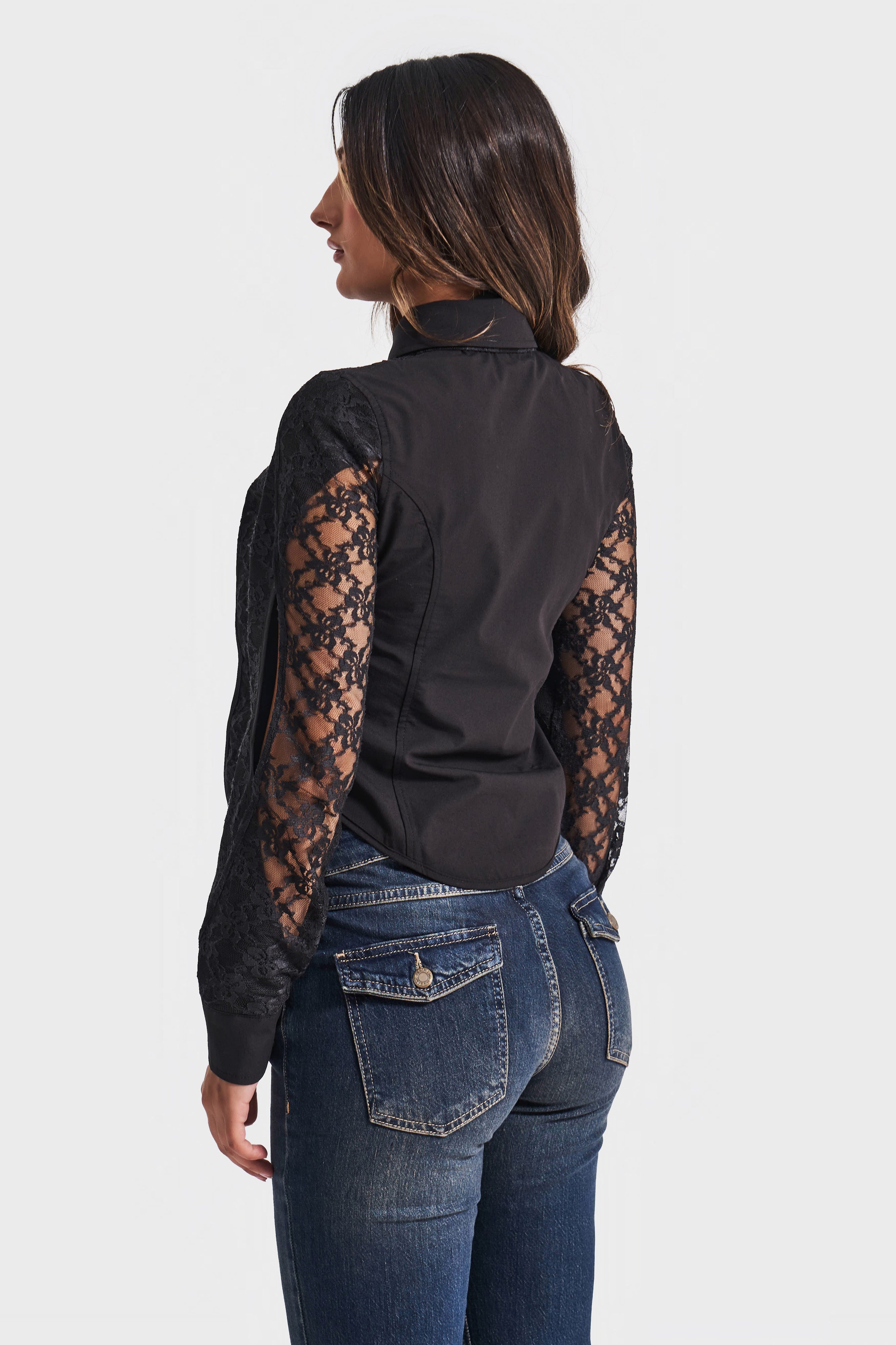 Women's Black Lace and Tie Detailed Custom Design Shirt