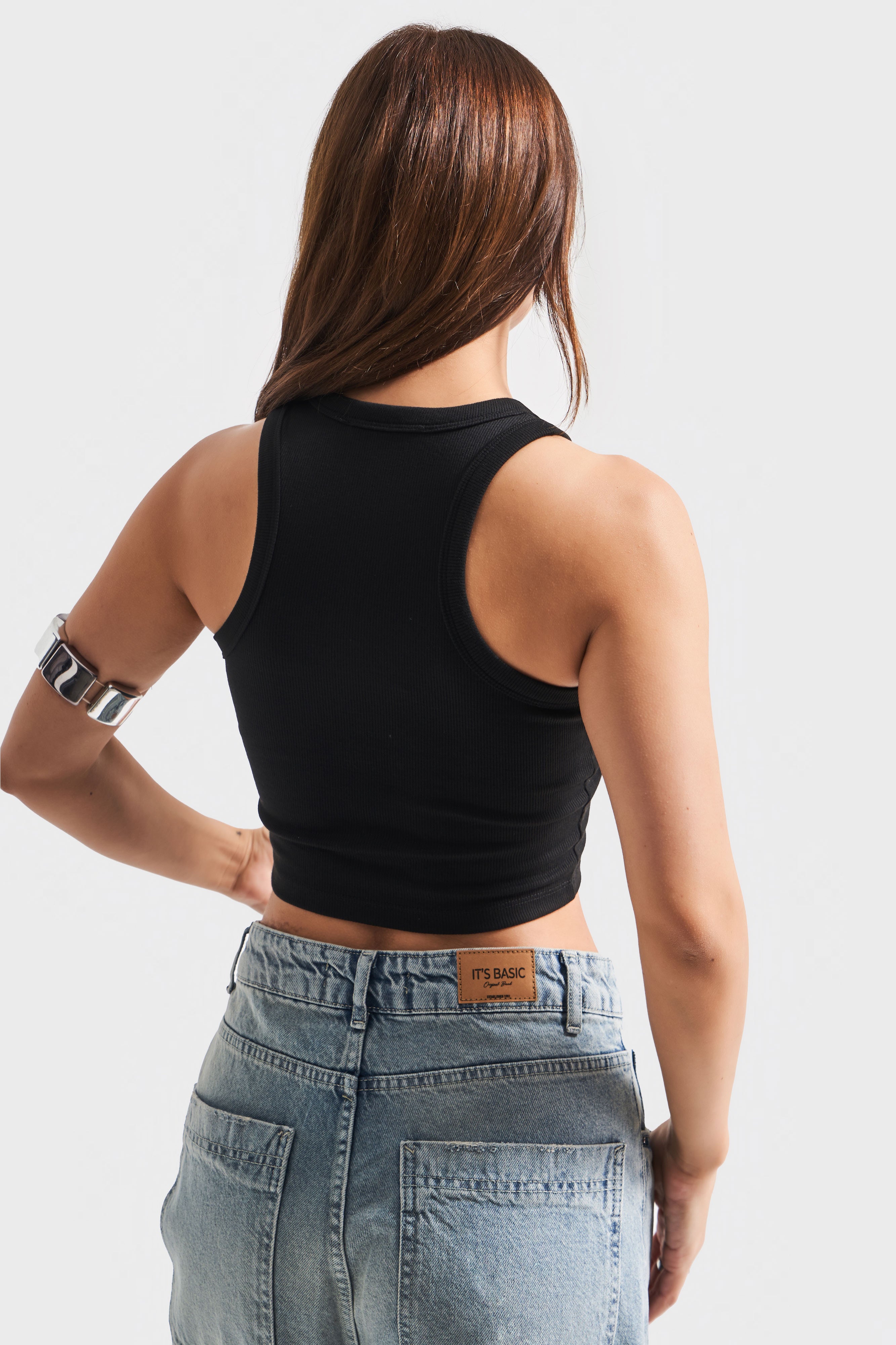 Kadın Siyah Renk Halter Yaka İnce Fitil Kaşkorse Crop Top