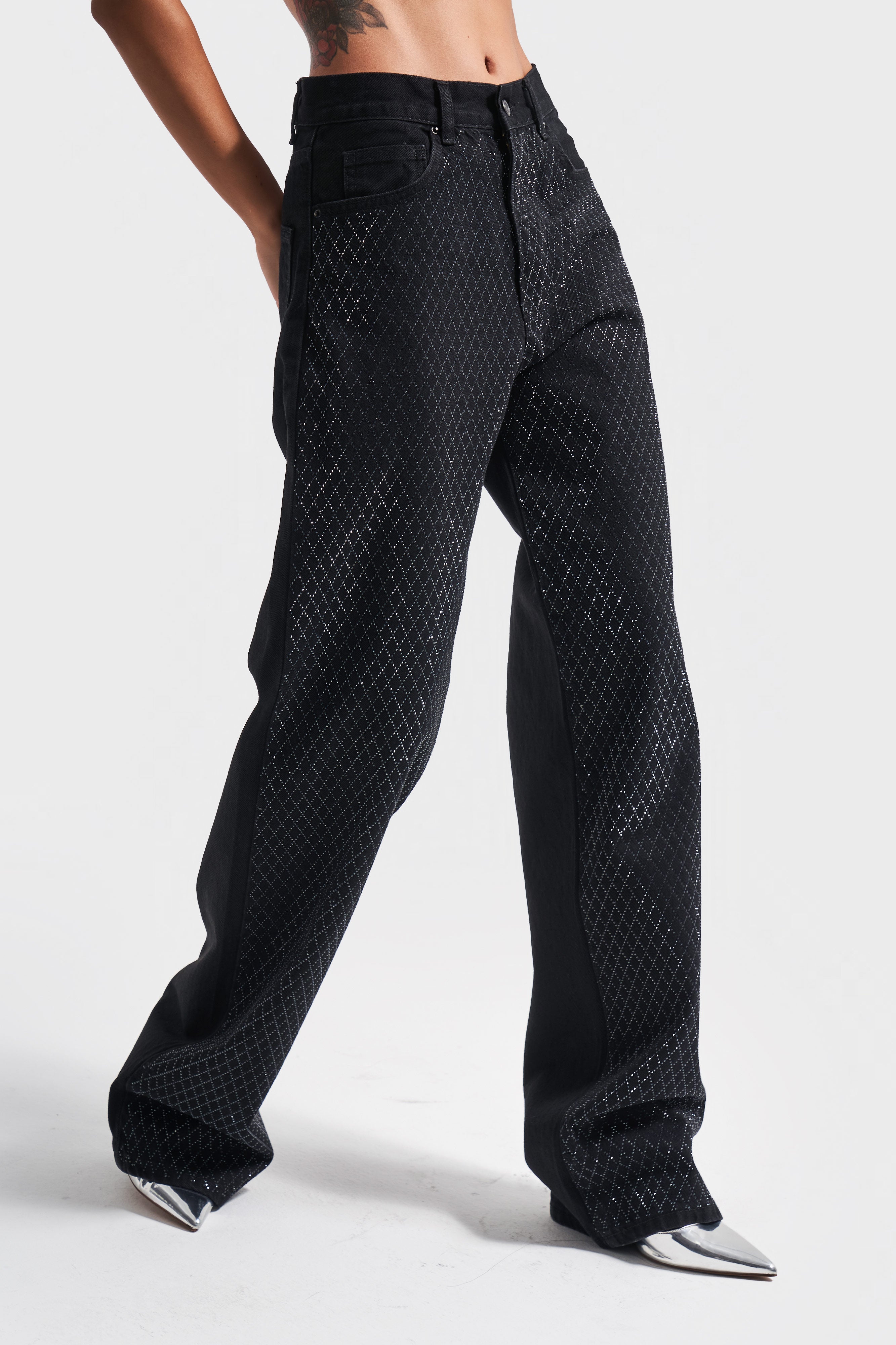 Women's Black Color Shiny Diamond Stone Loose Fit Design Denim