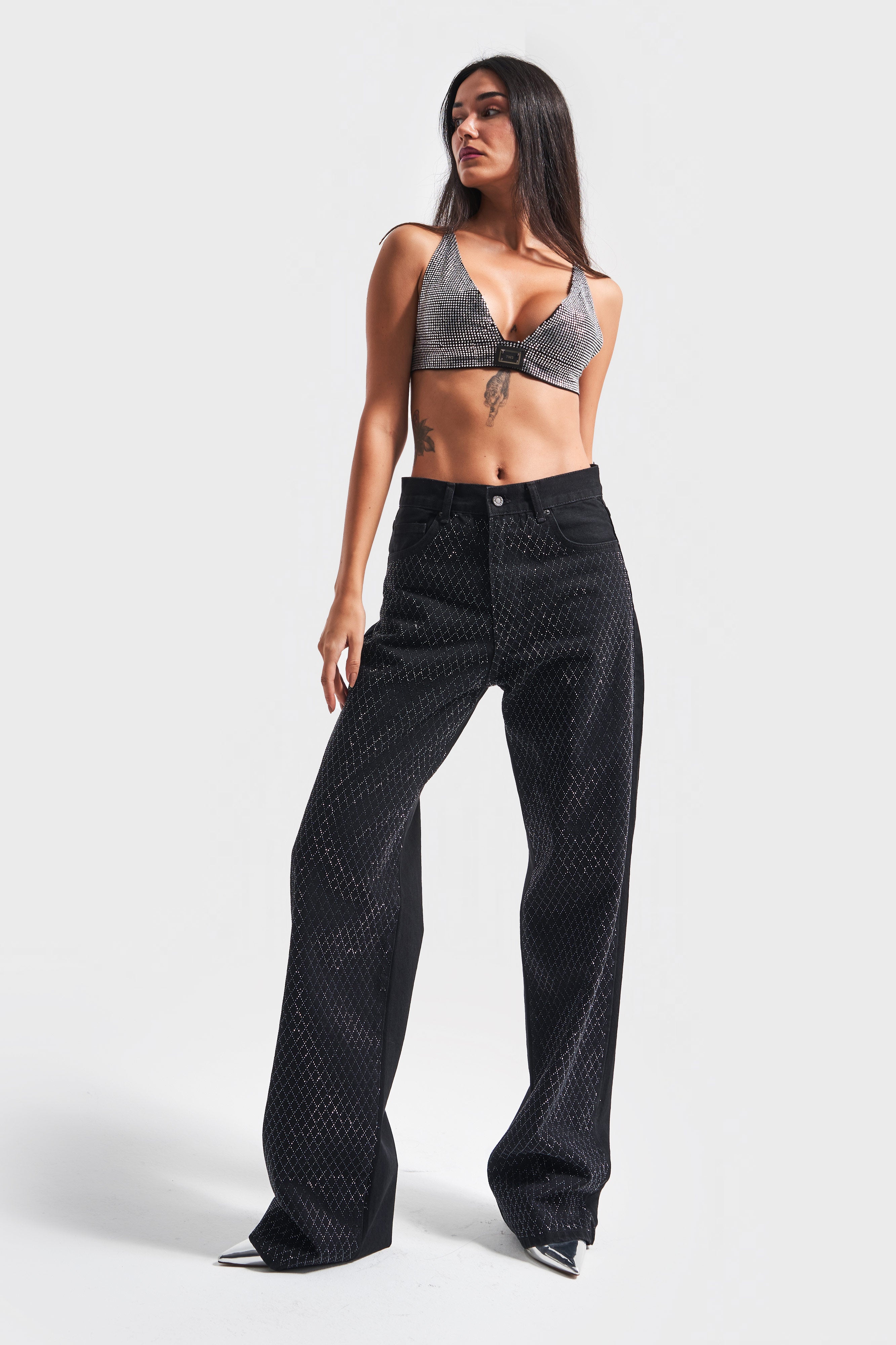 Women's Black Color Shiny Diamond Stone Loose Fit Design Denim