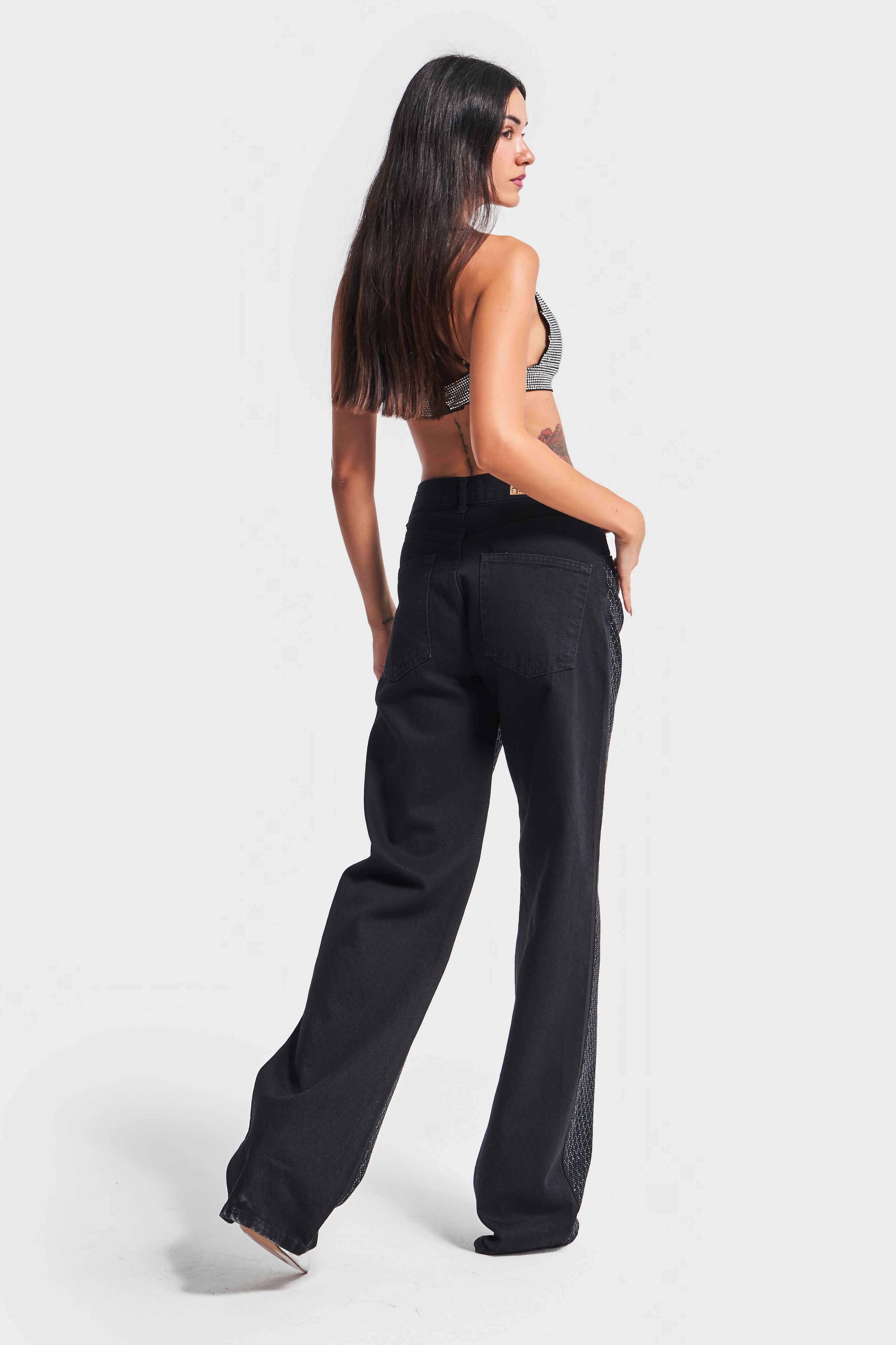 Women's Black Color Shiny Diamond Stone Loose Fit Design Denim