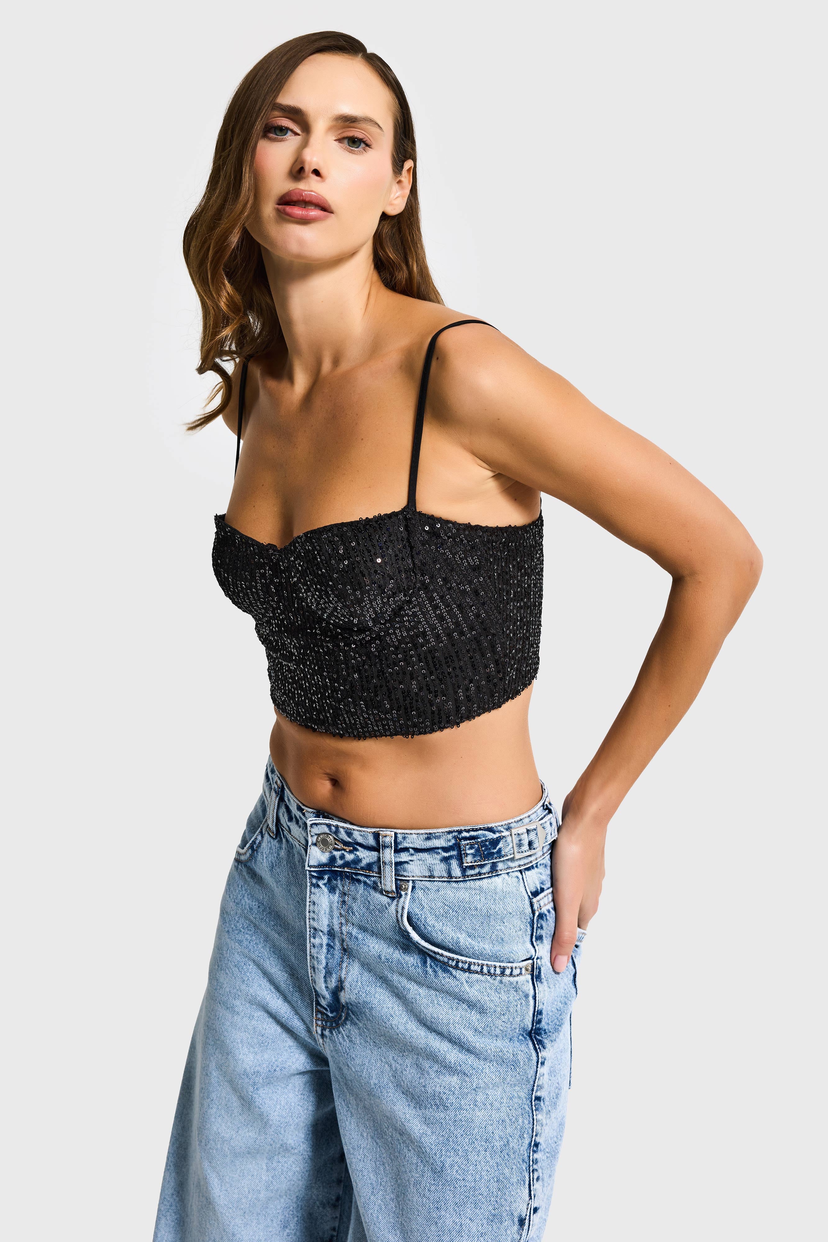 Kadın Siyah Renk Pul Payet Detaylı Askılı Büstiyer