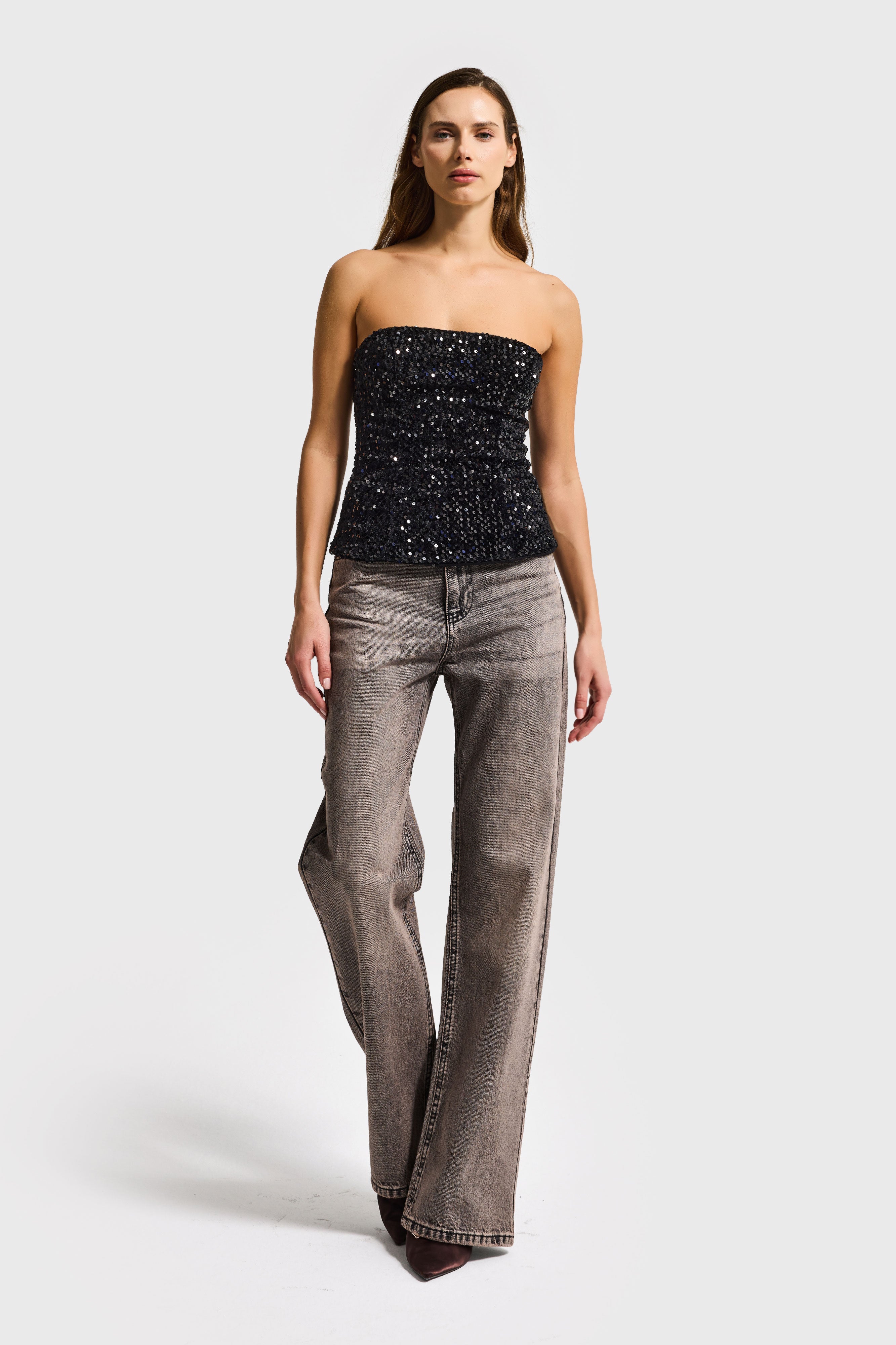 Kadın Siyah Renk Pul Payet Detaylı Straptez Fermuarlı Büstiyer