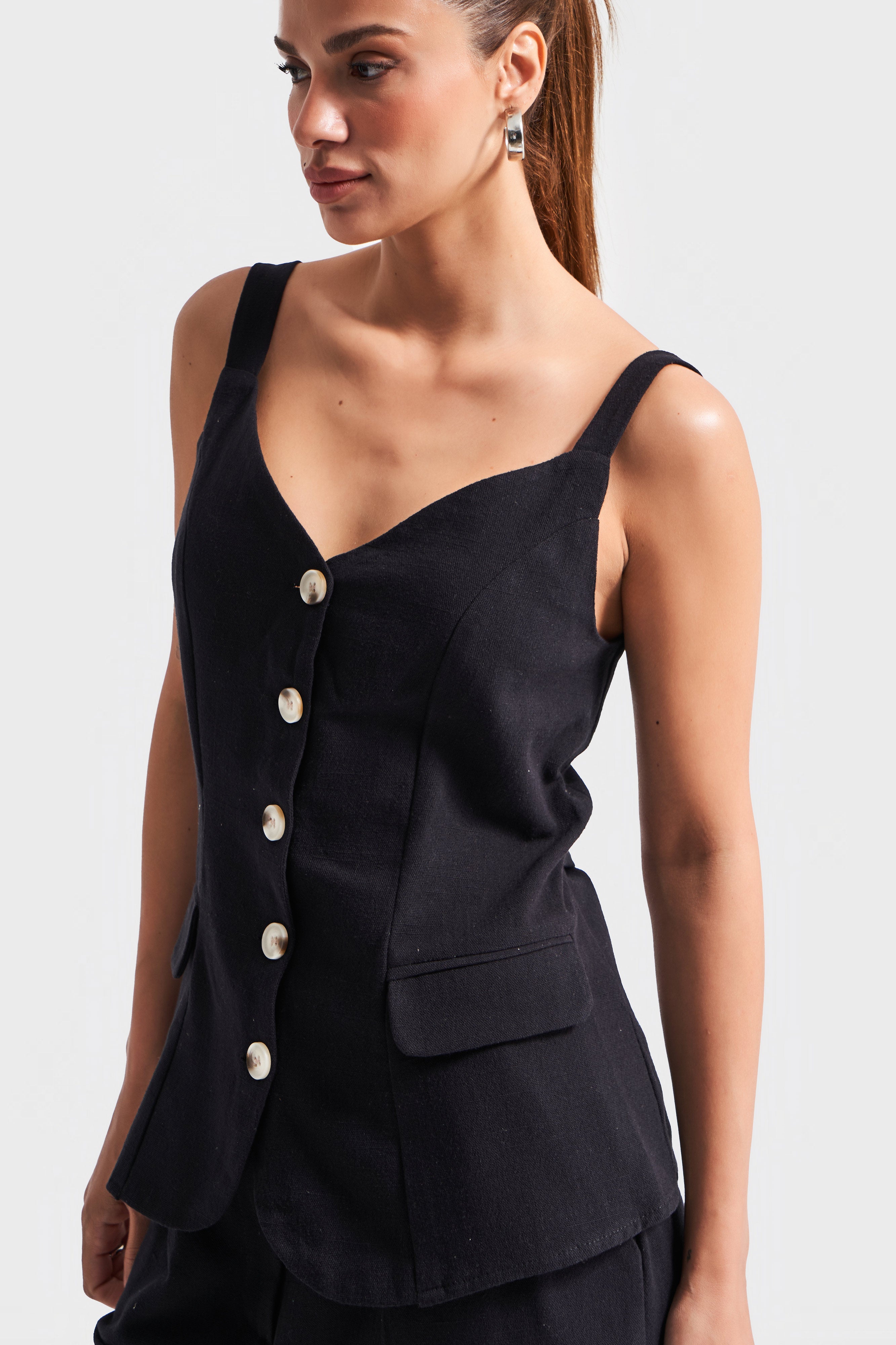 Kadın Siyah Renk s5-1 Maxi Boy Askılı Önü Düğmeli Keten Kumaş Yelek