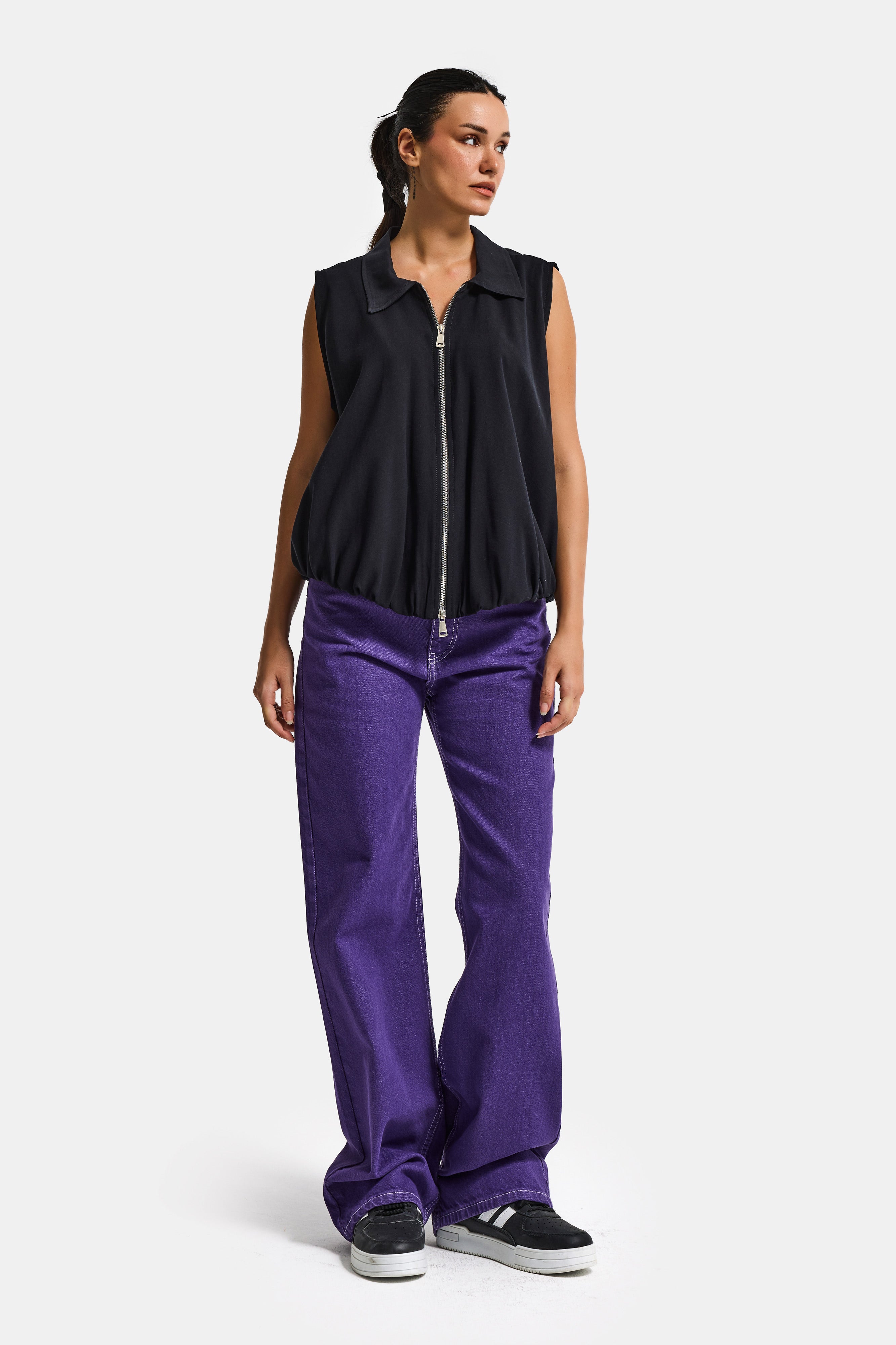 Kadın Siyah Renk s6-1 Balon Kesim Fermuarlı Bol Kesim Kumaş Yelek