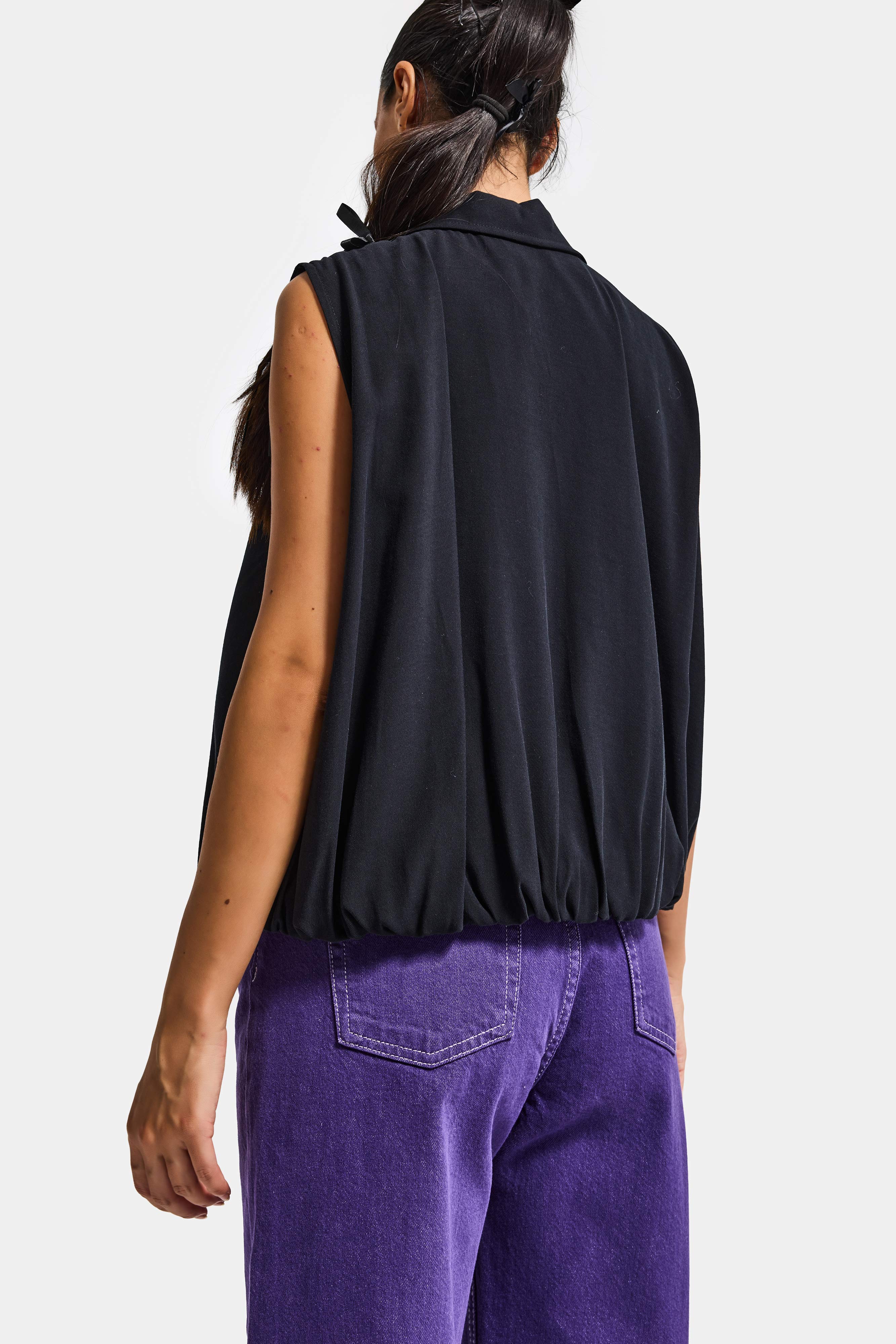 Kadın Siyah Renk s6-1 Balon Kesim Fermuarlı Bol Kesim Kumaş Yelek